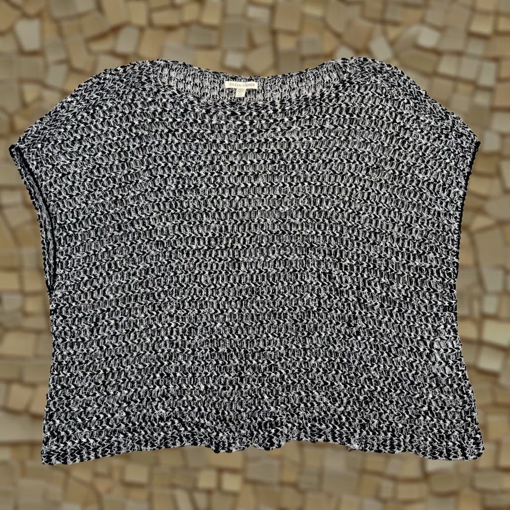 Eileen Fisher Eileen Fisher Sweater Shirt Womens Open Twist Knit Bateau Neck Boxy Short Sleeve Cotton Polyester Nylon Black White S Regular Size S / US 4 / IT 40 - 1 Thumbnail