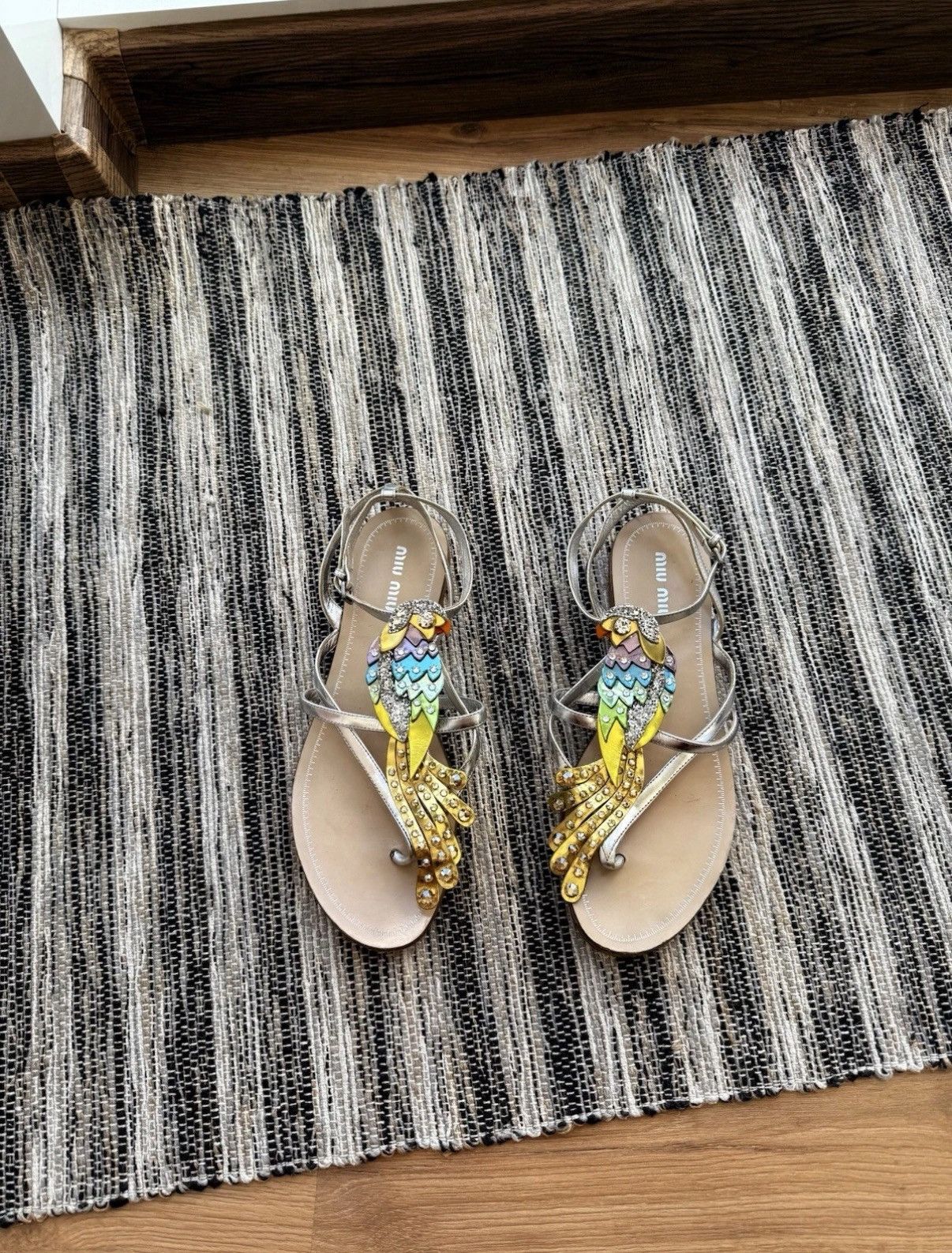 Miu Miu Miu Miu Leather Crystal Sandals Crystal Embellished Parrot Size US 7 / IT 37 - 1 Thumbnail
