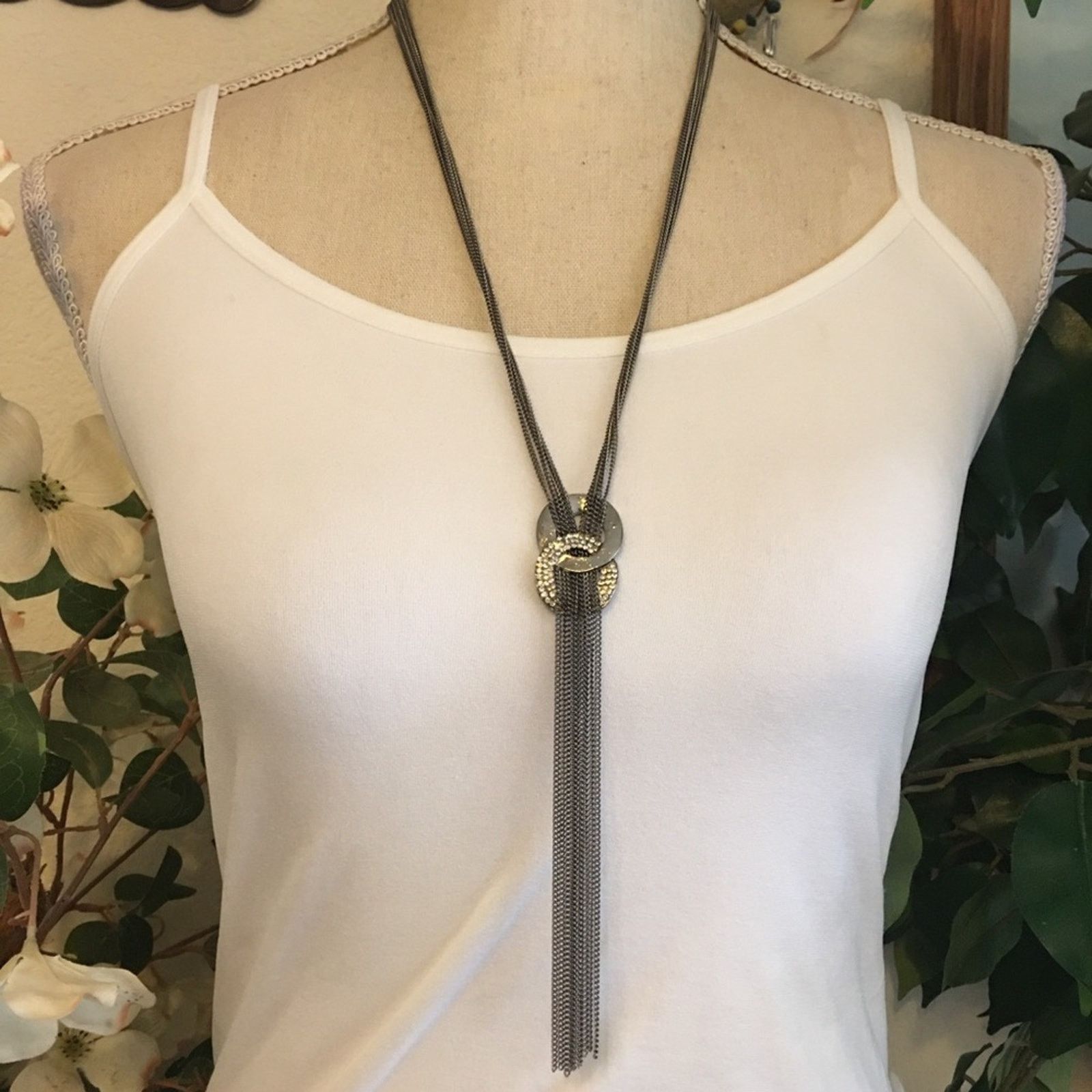 Jewelry Multi strand chrome chain stone pendant necklace Size ONE SIZE - 1 Thumbnail
