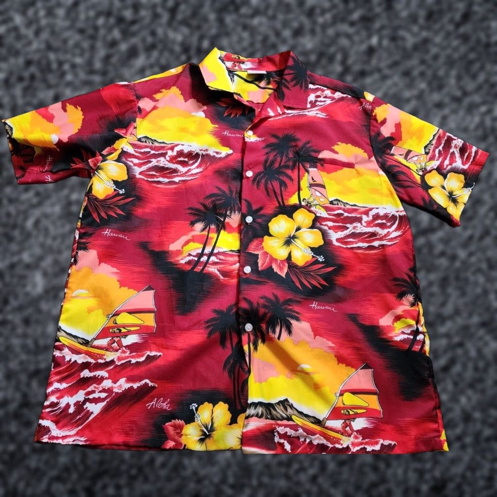Vintage Vintage Kalena Fashions Hawaii Hawaiian Shirt Red Floral Waves Sun XL Mens Size US XL / EU 56 / 4 - 1 Thumbnail
