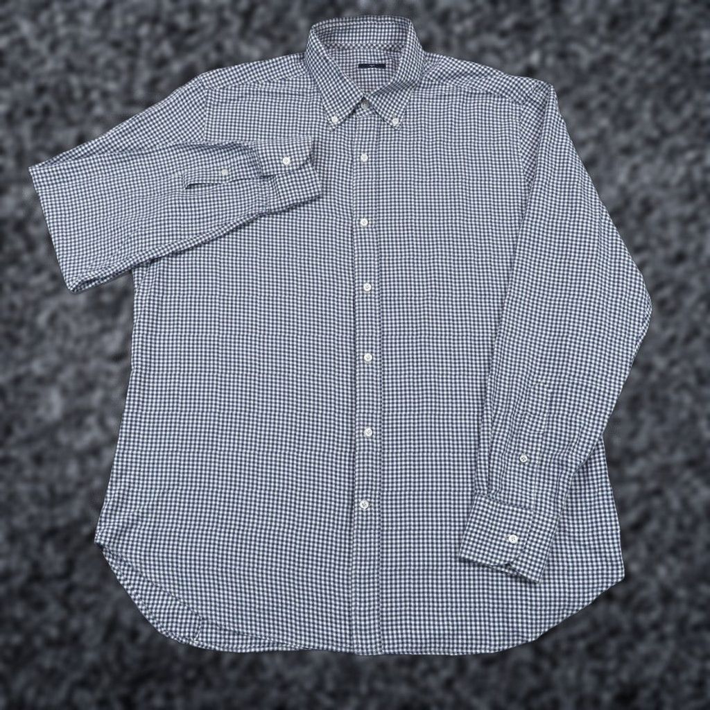 Vintage Larusmiani Milano Shirt Mens 45 XL Cashmere Cotton Navy White Gingham Check Blue Shirt Mens XL 45 Navy Blue Designer Italian | Larusmiani Size US XXL / EU 58 / 5 - 1 Thumbnail