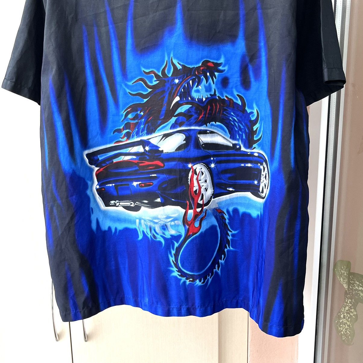 Japanese Brand × Vintage Vintage Hawaiian Japanese flame Dragon Car Print Shirt Size US L / EU 52-54 / 3 - 6 Thumbnail