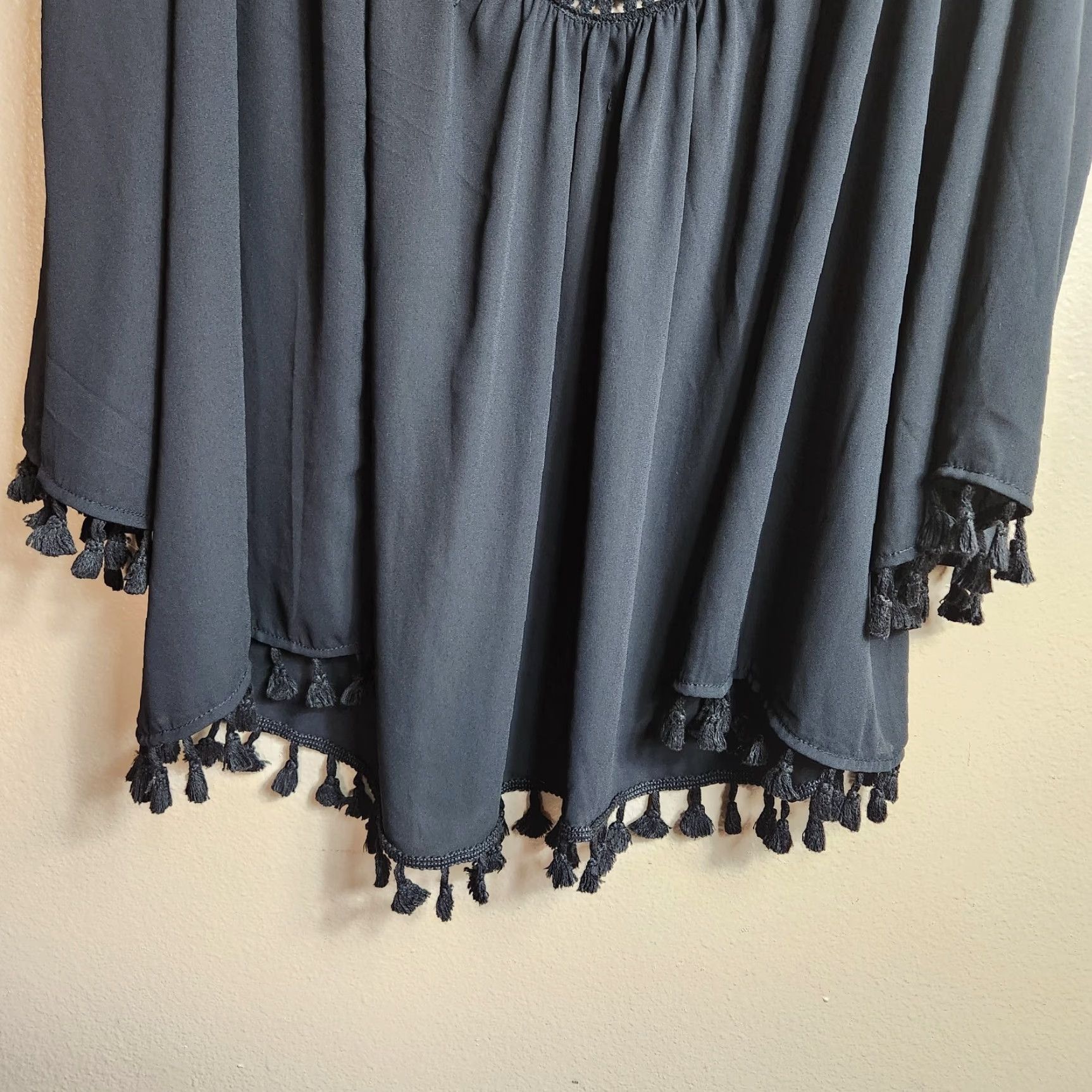 Vintage August Silk Womens Black Chiffon Jacket Open Crochet Inlay Tassels-Size M Bohemian Kimono 3/4 Sleeves Lightweight Satin? Wait no. Size M / US 6-8 / IT 42-44 - 6 Thumbnail