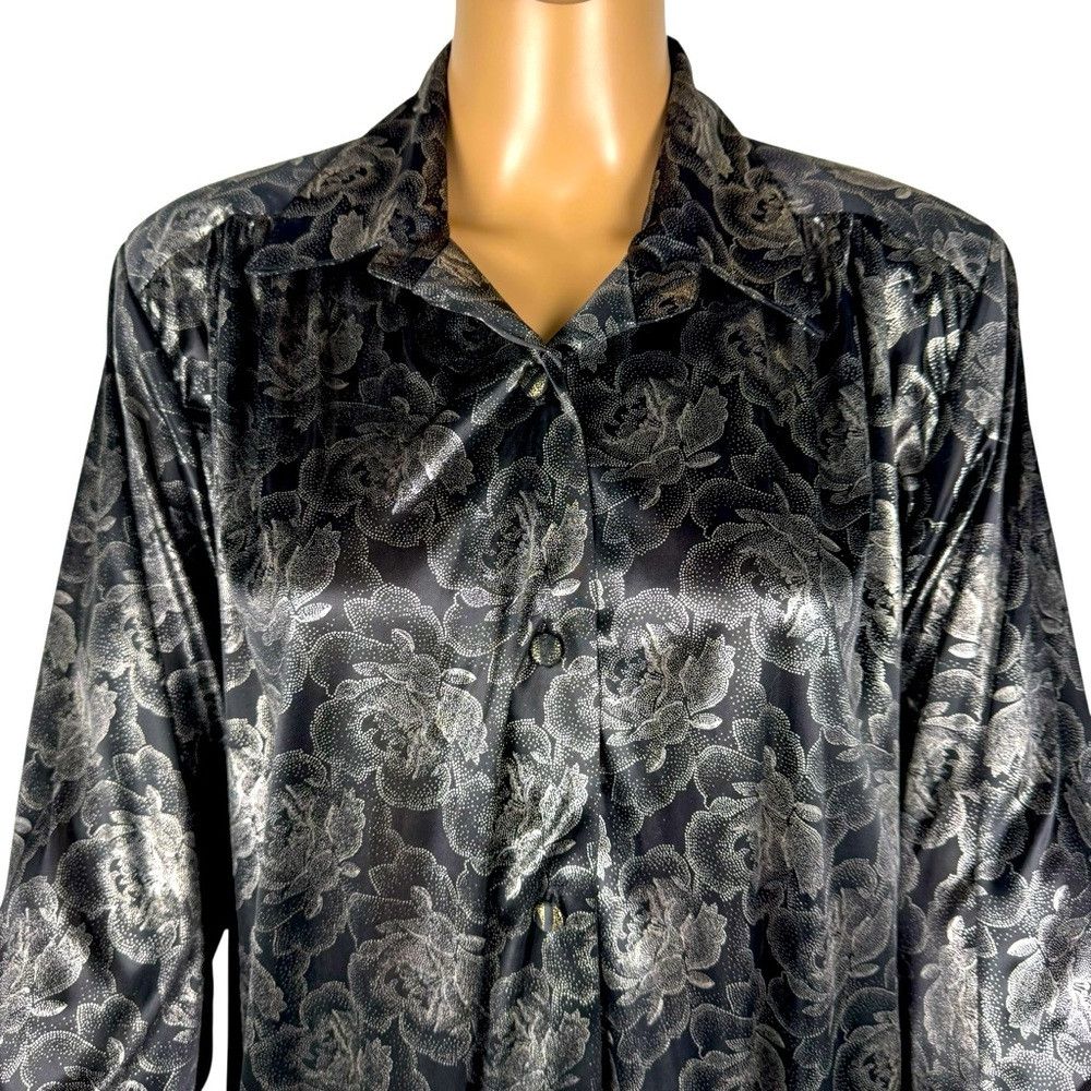 Other Vintage Joanna Floral Silver Padded Shoulder Long Sleeve Bl Size M / US 6-8 / IT 42-44 - 2 Thumbnail