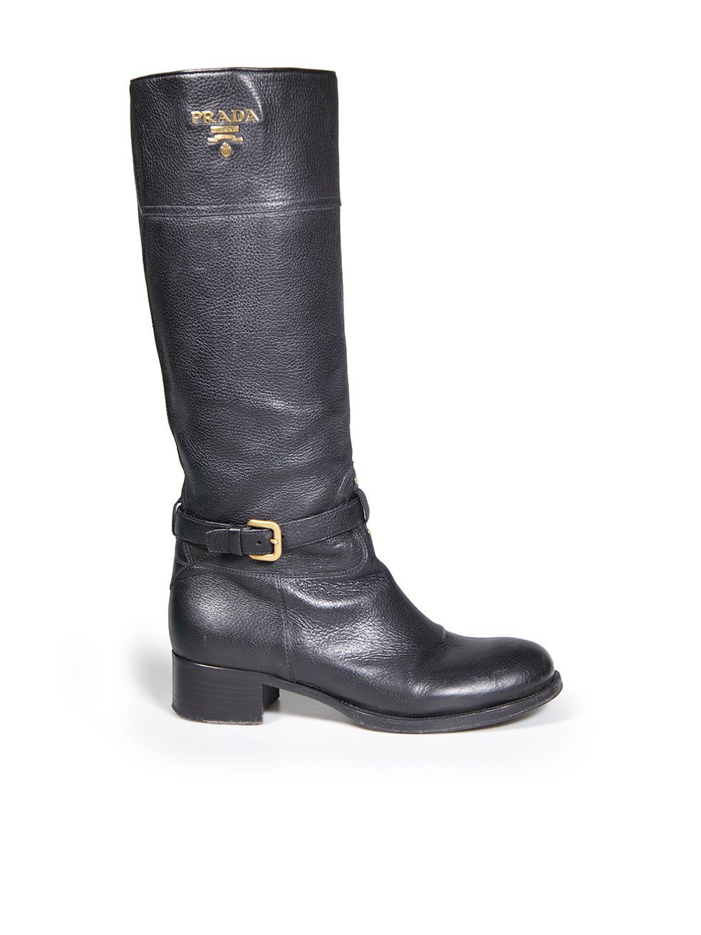 image of Prada Black Calf Leather Logo Knee High Boots, Women's (Size 9)