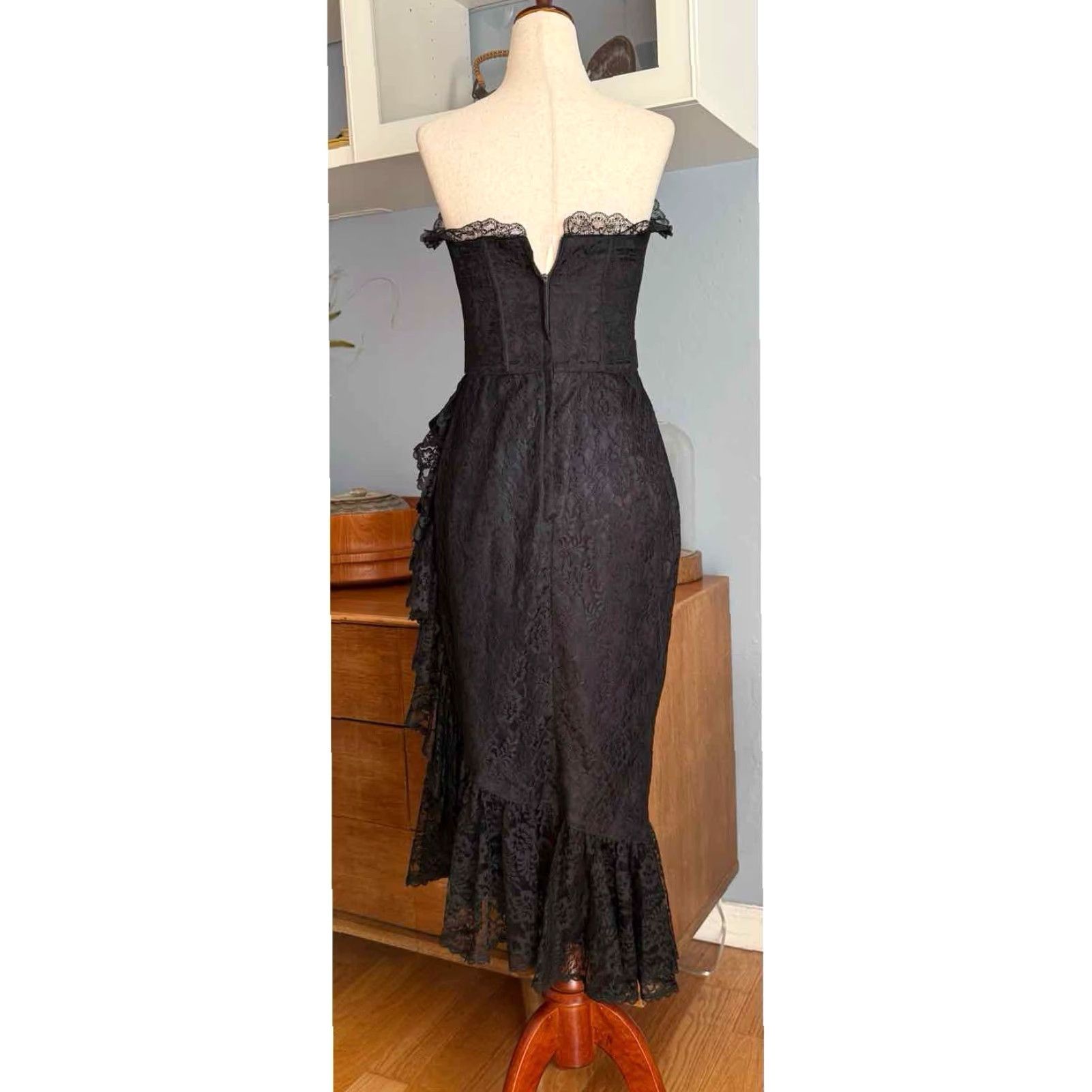 Jessica McClintock Vtg 80’s Gunne Sax Strapless Black Lace Prom Dress Bow Ruffles XS Goth Whimsy Size XS / US 0-2 / IT 36-38 - 4 Thumbnail