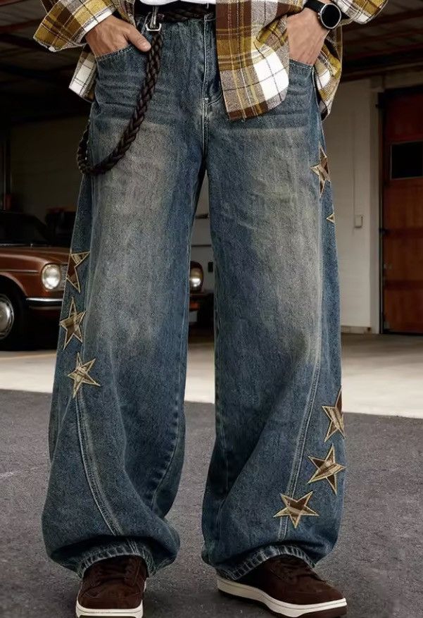 Japanese Brand Retro Star Patchwork Blue Baggy Wide Leg Size US 32 / EU 48 - 5 Thumbnail