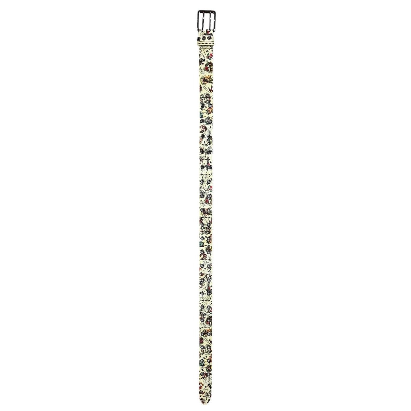 Ed Hardy Ed Hardy Men's Double Prong Ace of Hearts Printed Cream Belt Size 32 - 5 Thumbnail