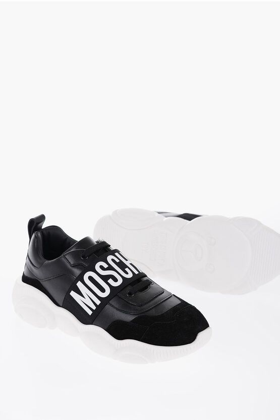 image of Moschino Couture! Leather Low Top Sneakers With Logoed Elastic Band in Black, Men's (Size 6)