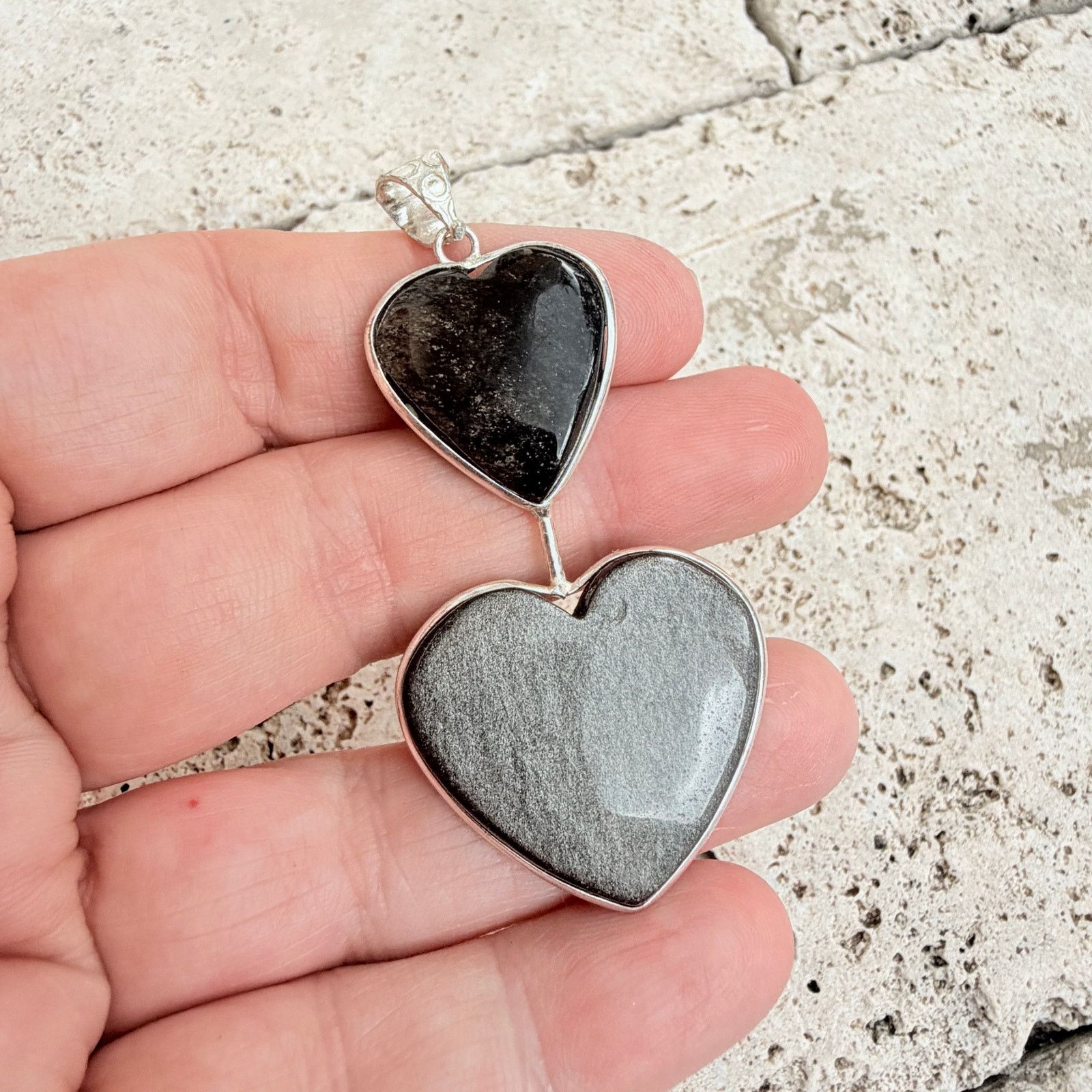 The Unbranded Brand Silver Obsidian Double Heart Pendant 925 Silver Overlayunb Size ONE SIZE - 2 Thumbnail
