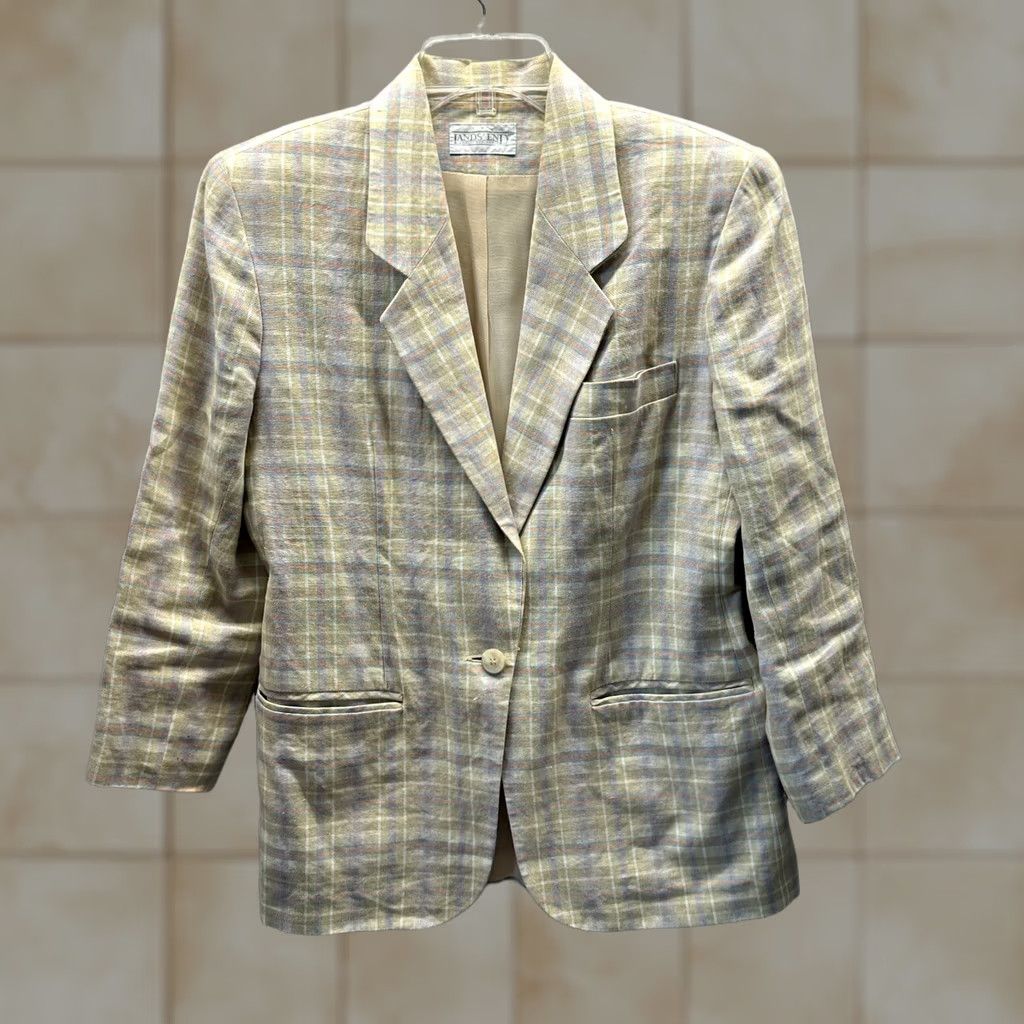 Lands' End Lands' End Jacket Womens Petite 4 Linen Plaid Blazer Coat Short Sleeve Button 80s Yellow Blue 100% Linen Ladies Mens? Size S / US 4 / IT 40 - 1 Thumbnail