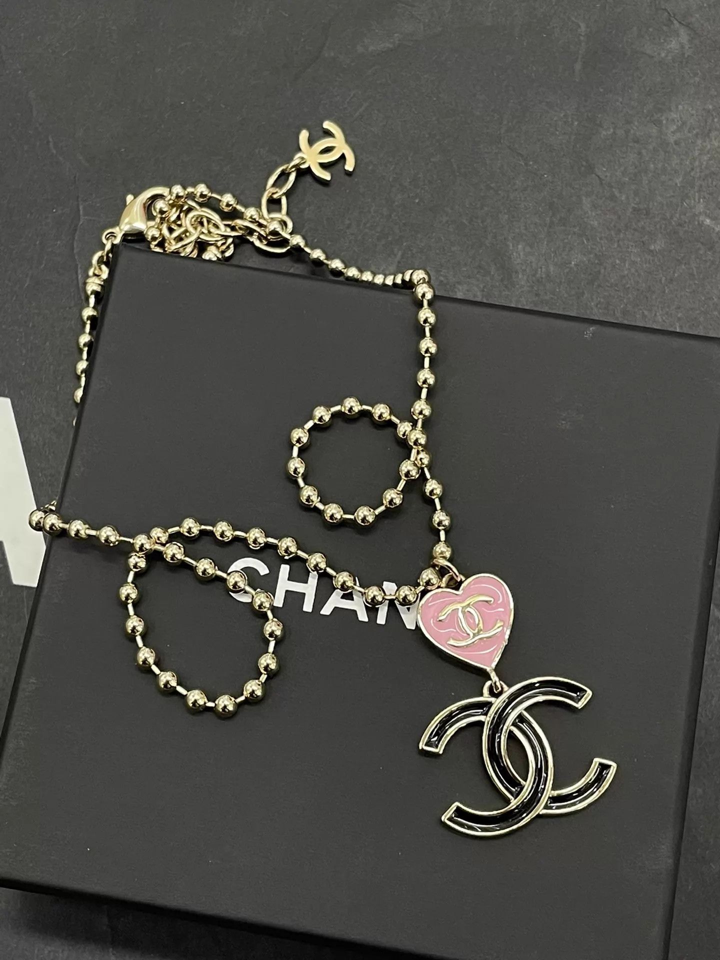 Chanel Chanel 24A Pink Heart Black CC Enamel Necklace Size ONE SIZE - 2 Thumbnail