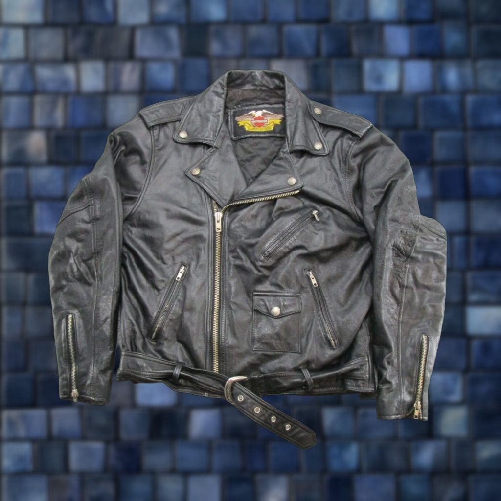 Harley Davidson VINTAGE Harley-Davidson Embossed Eagle Men's Motorcycle Leather Jacket 44 Black Leather Embroidered Logo Zip Buckle Relaxed Fit Riding Pockets Mens Size US S / EU 44-46 / 1 - 1 Thumbnail