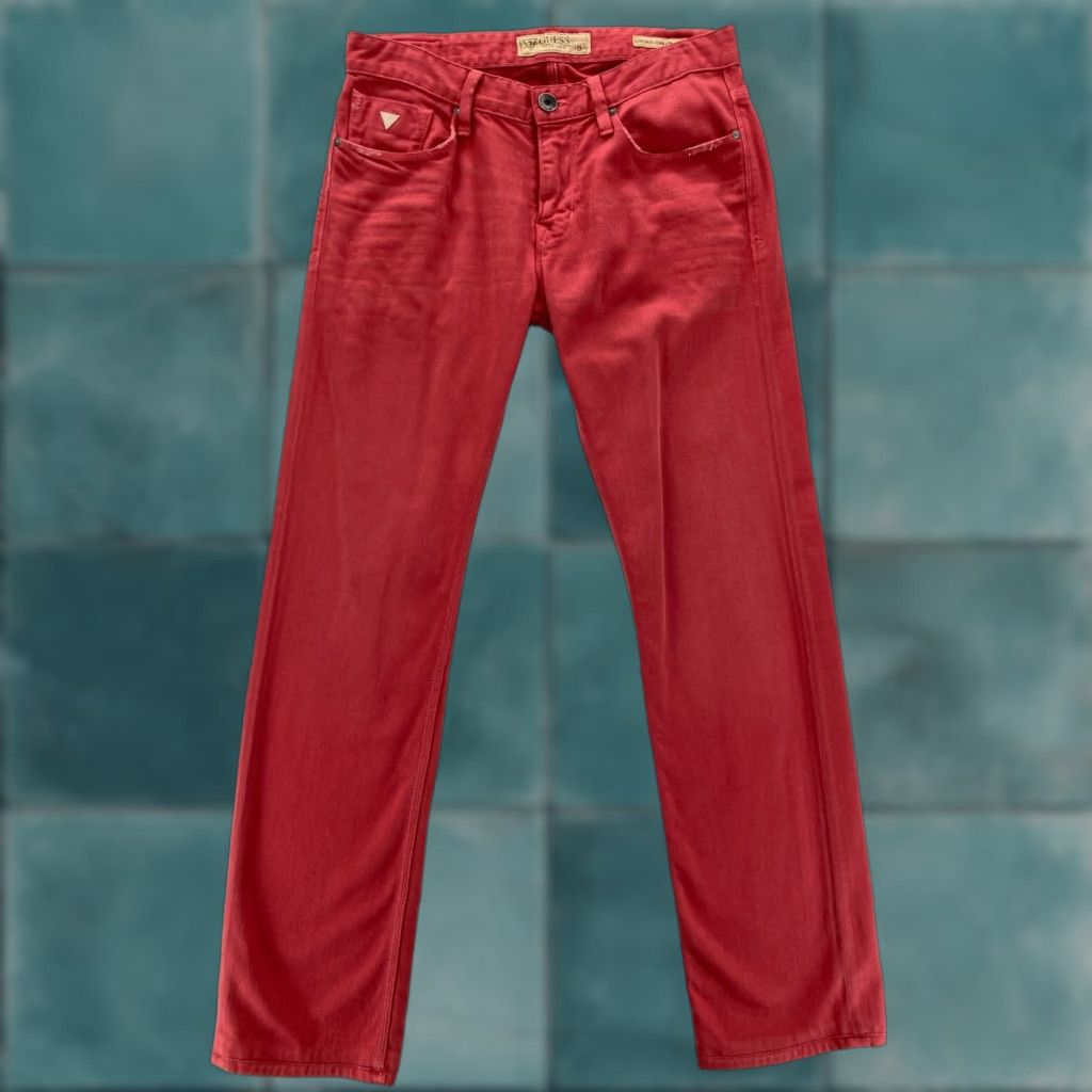 Guess GUESS Jeans Mens 31x31 Lincoln Slim Straight Pink Denim Low Rise Medium Wash Distressed 5-Pocket Size US 31 - 1 Thumbnail