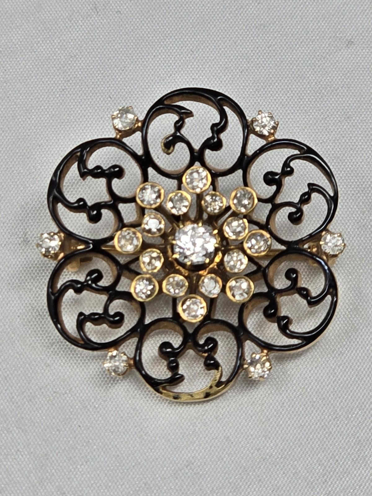 Other Antique 14K Gold Diamond Black Enamel Filigree Brooch 1ct Size ONE SIZE - 8 Thumbnail