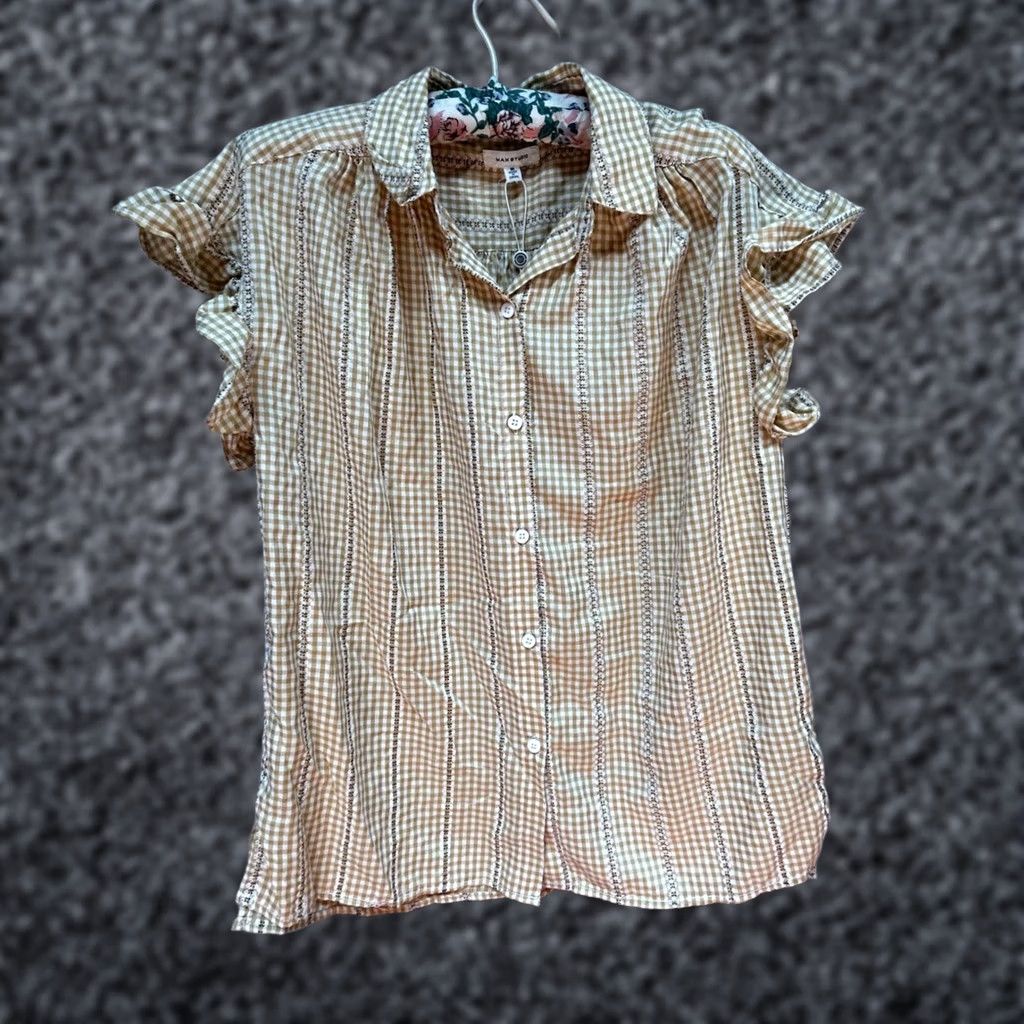 Vintage Max Studio Gingham Check Textured Button Up Ruffle Shirt Medium Yellow New Size M / US 6-8 / IT 42-44 - 1 Thumbnail
