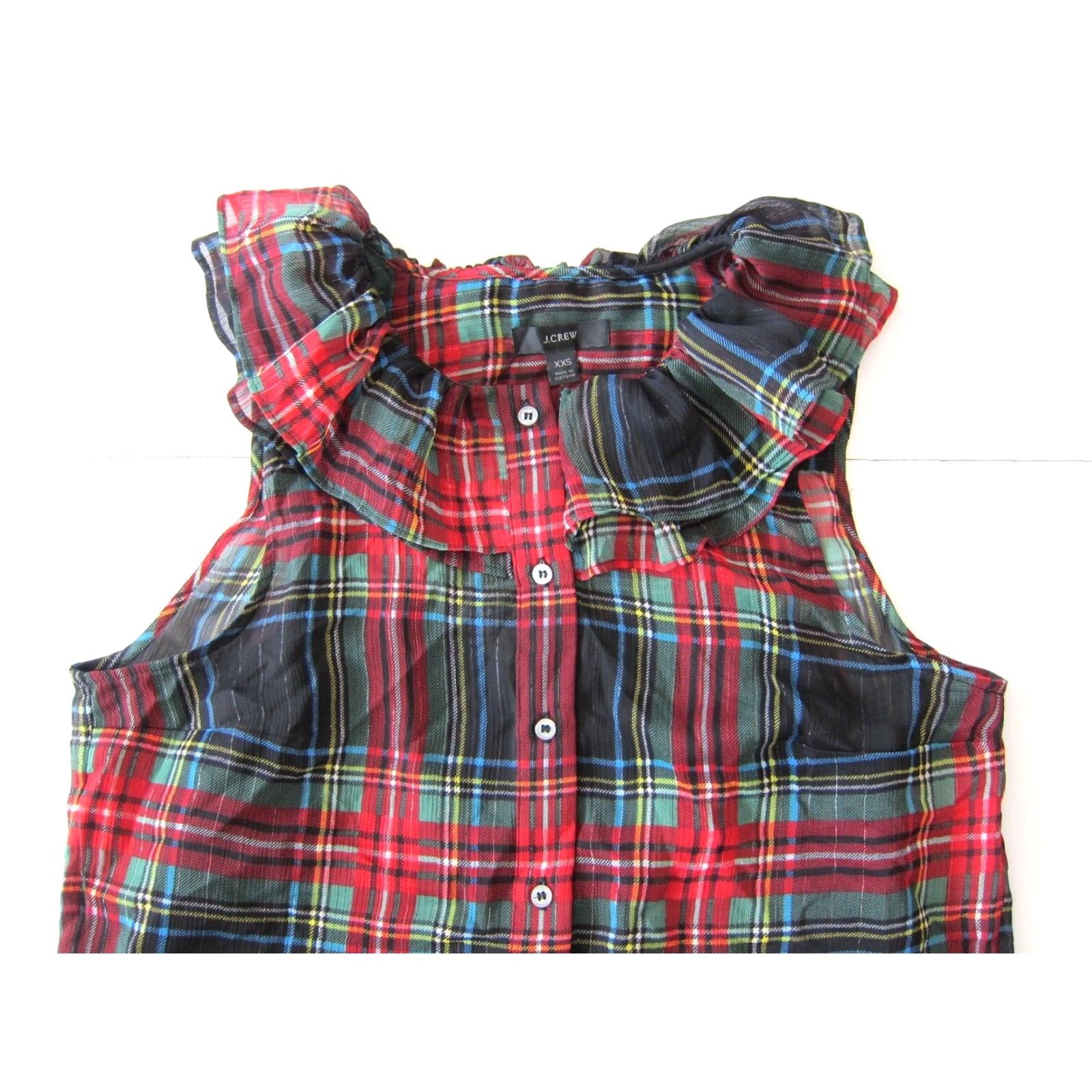 J.Crew NWT J.Crew Blouse Sleeveless Ruffle Neck Button Down Plaid Green XXS Women's Size XXS / US 00 / IT 34 - 3 Thumbnail
