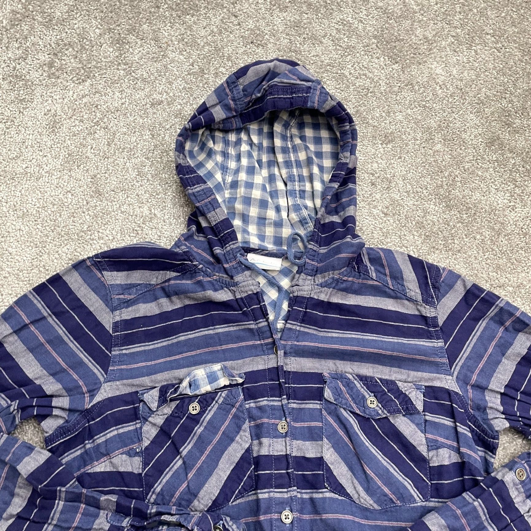 Vintage Columbia Hoodie Shirt Womens Medium Blue Striped Button-Down Cotton Shirt Hooded Casual Exterior Button Up Top Womens M Blue Size M / US 6-8 / IT 42-44 - 3 Thumbnail