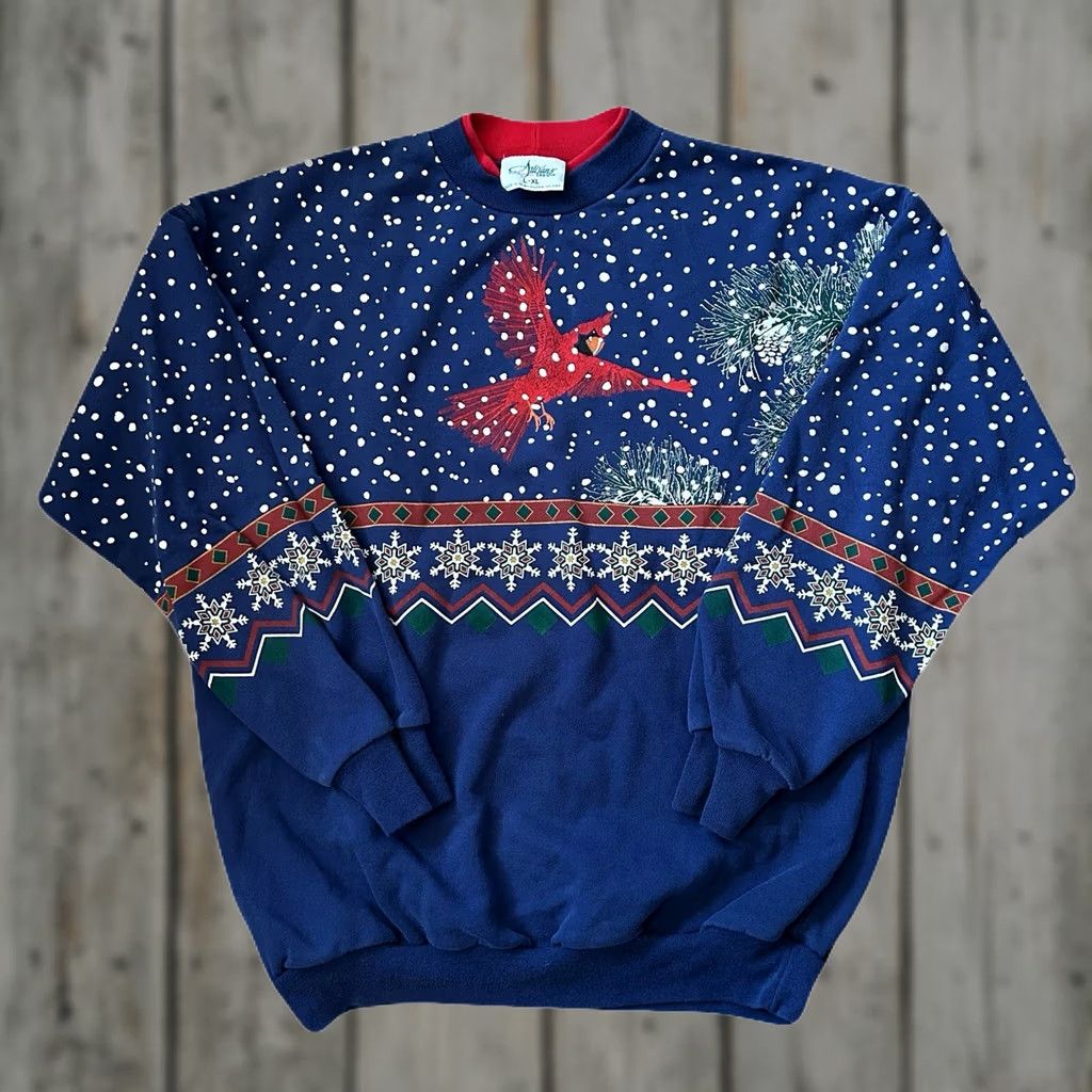 Vintage VINTAGE 90s Cardinal Bird Winter Nature All Over Print Sweatshirt XL Women Blue Pullover Activewear Shirt Size XL / US 12-14 / IT 48-50 - 1 Thumbnail