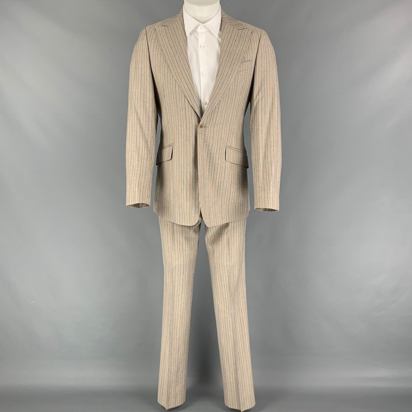 Dolce & Gabbana Size 36 Khaki Navy Stripe Polyester Blend Notch Lapel Suit Size 36R - 2 Thumbnail