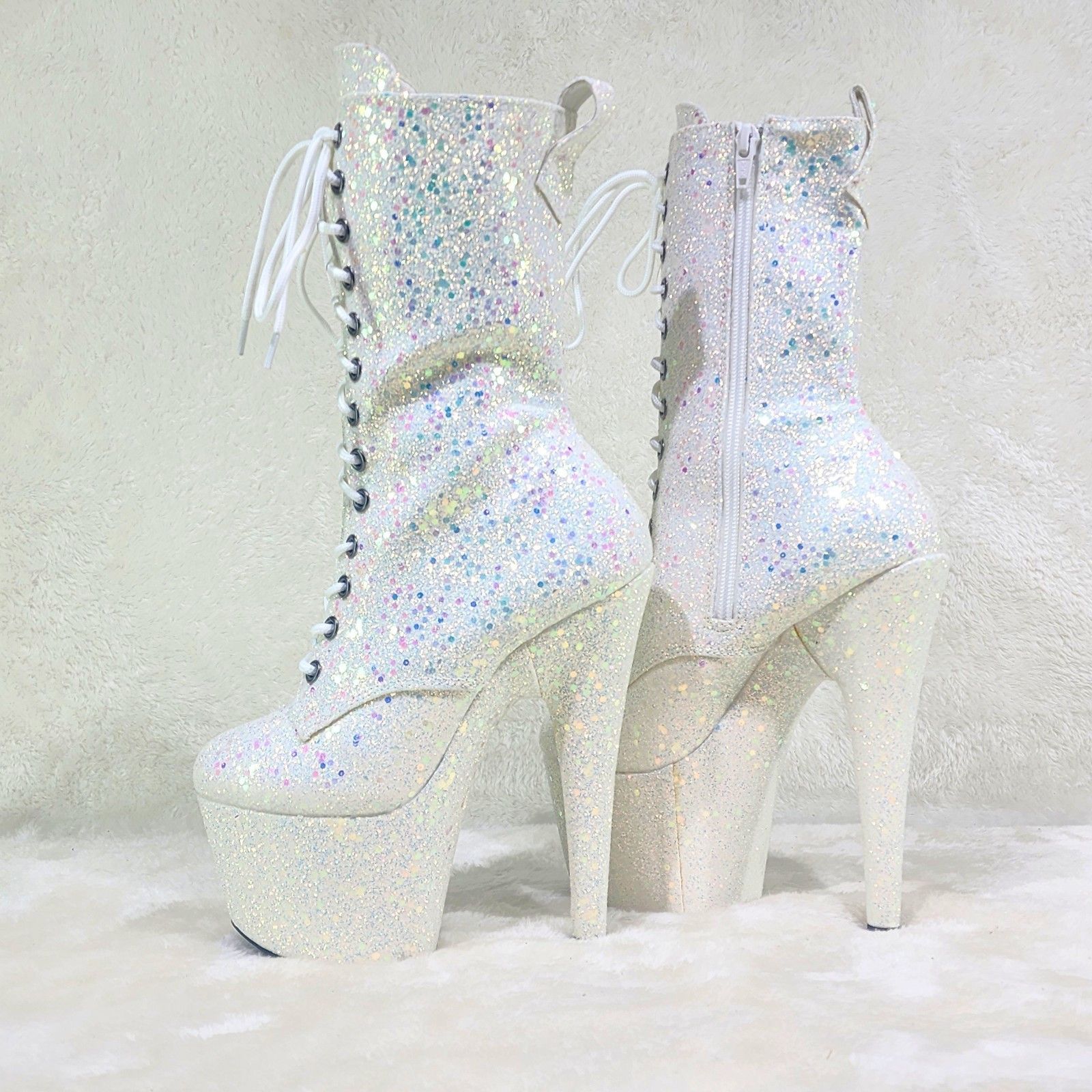 Other Opal White Hologram Sequin Glitter 7" Heel Platform Boots Size US 12 / IT 42 - 3 Thumbnail