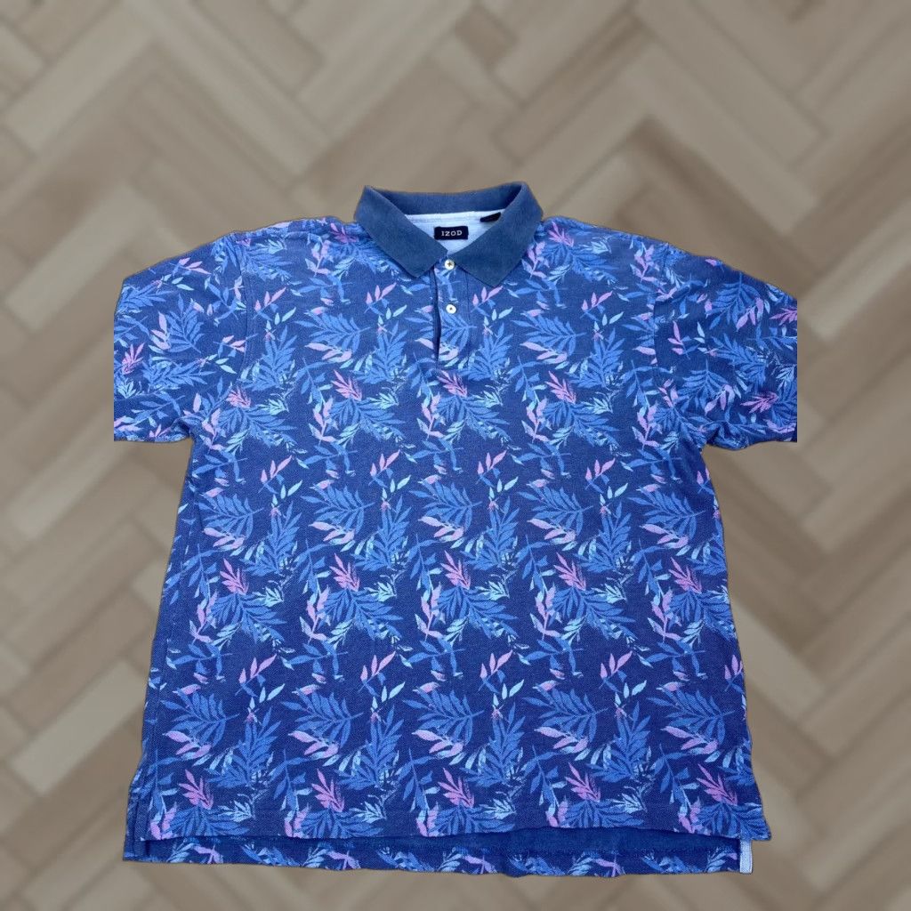 Izod Izod Polo Shirt Mens L Blue Short Sleeve Floral Tropical Golf 100% Cotton Regular Size US XL / EU 56 / 4 - 1 Thumbnail