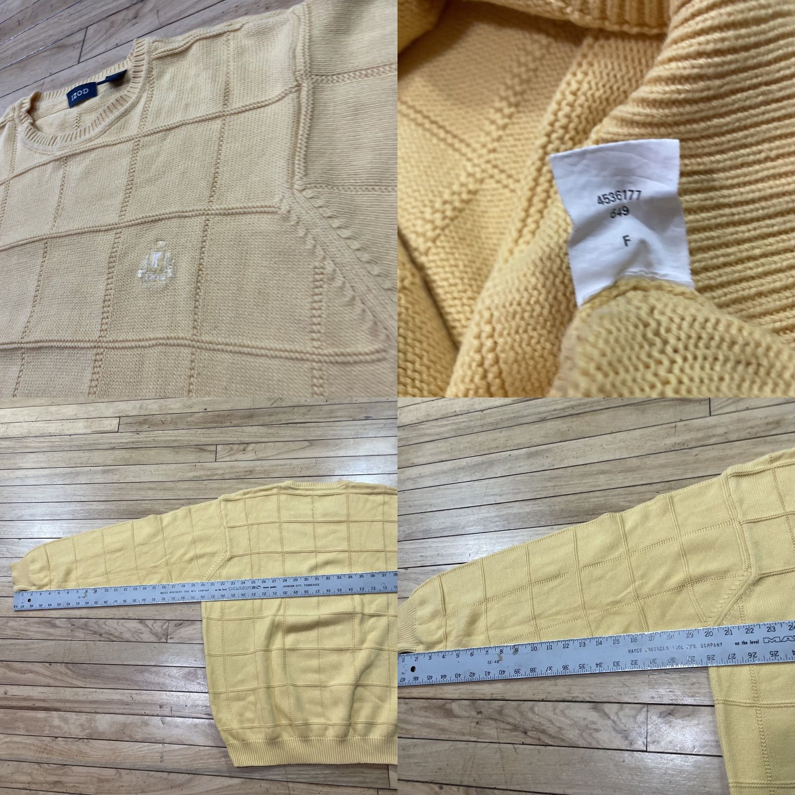 Izod VINTAGE IZOD Preppy Yellow Sweater Men L Boxy Golf Pullover Check Crest 100% Cotton Crew Mens Size US L / EU 52-54 / 3 - 9 Thumbnail