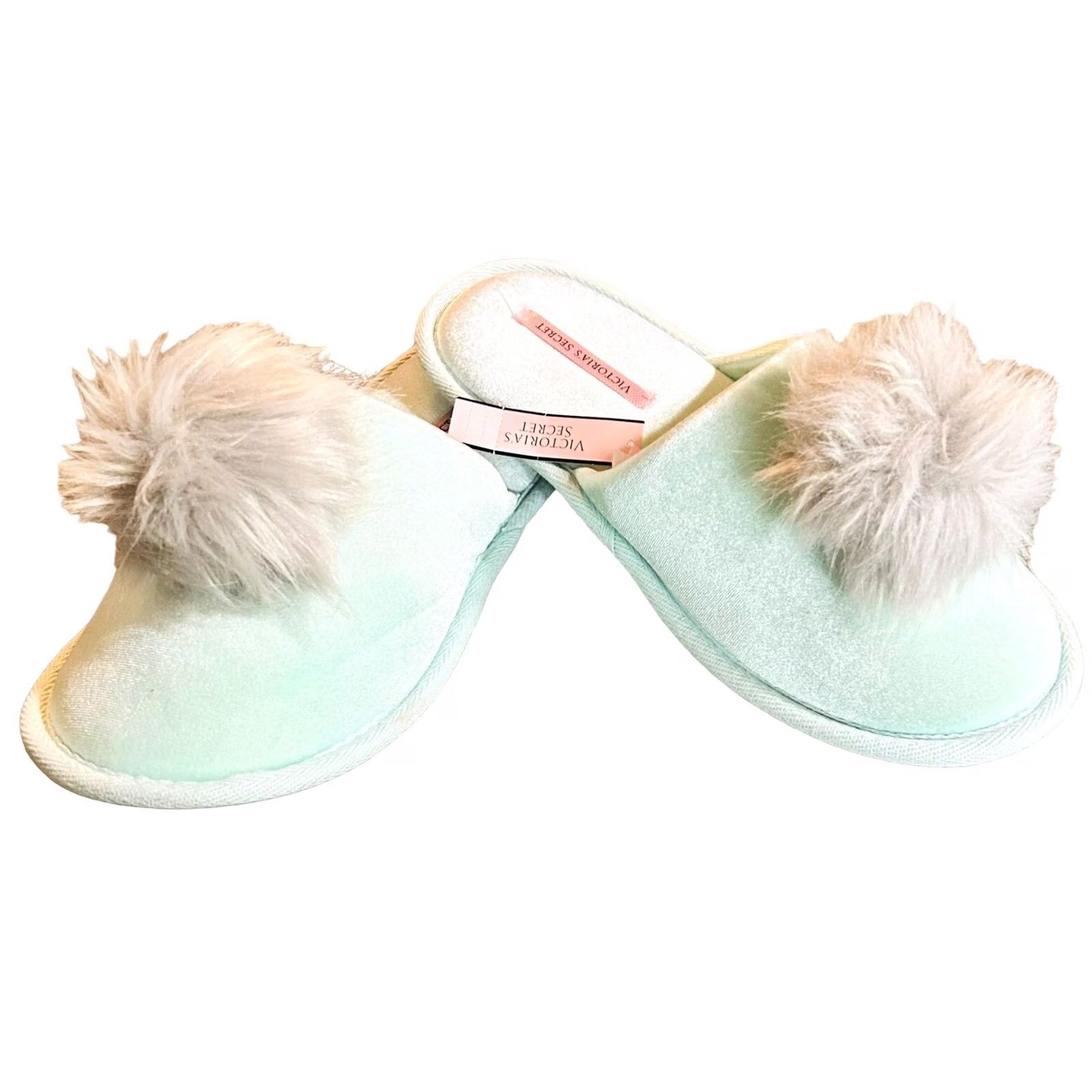 Victoria's Secret Victoria's Secret Slippers Mint Green Women LG 9/10 Gray Faux Fur Pom-Pom NWT Slippers Womens Size ONE SIZE - 2 Thumbnail