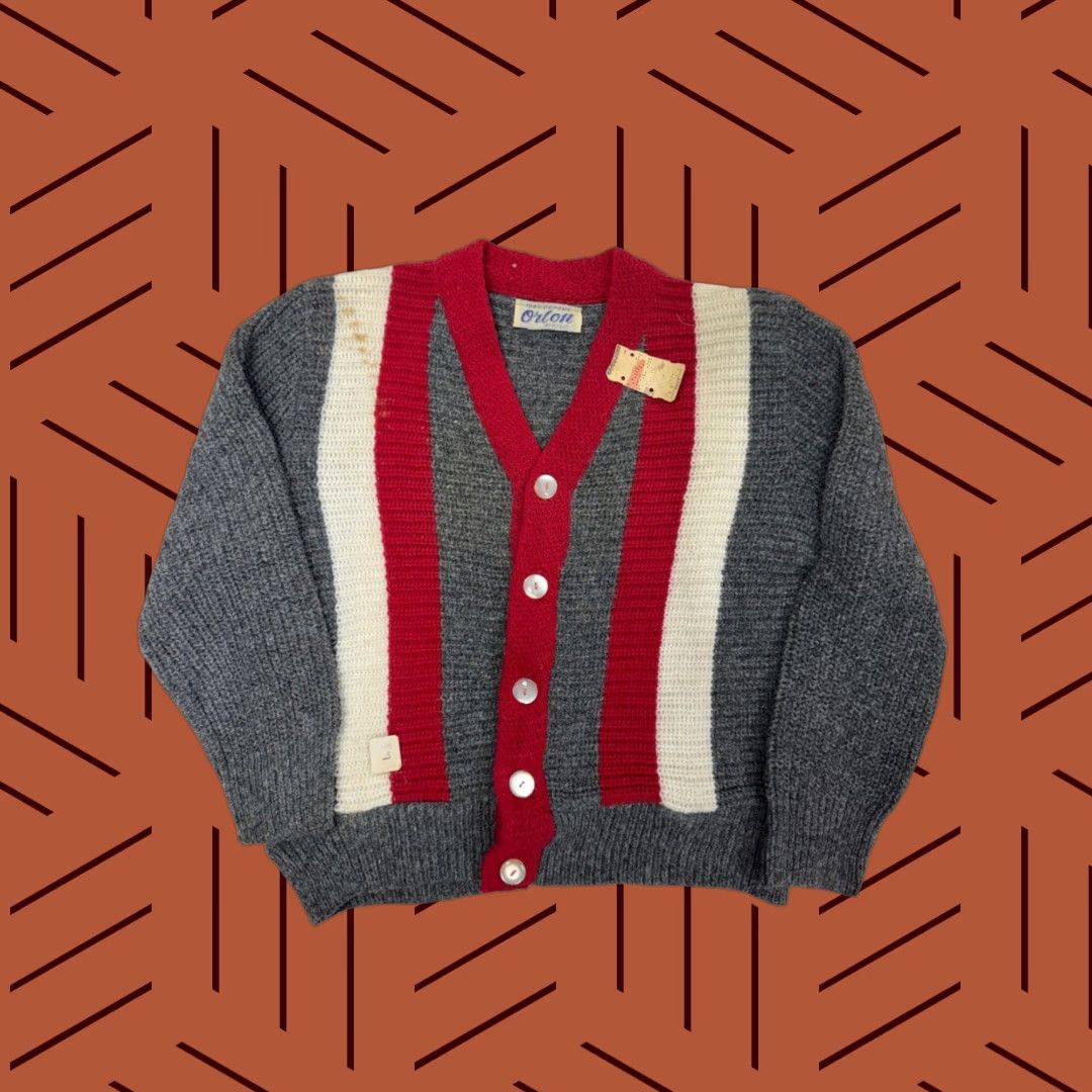 Vintage VINTAGE Orlon Cardigan Shirt Women's S Gray Red White Striped 1960s 1950s Vintage Casual Everyday Party/Cocktail 100 Orlon Acrylic Size S / US 4 / IT 40 - 1 Thumbnail