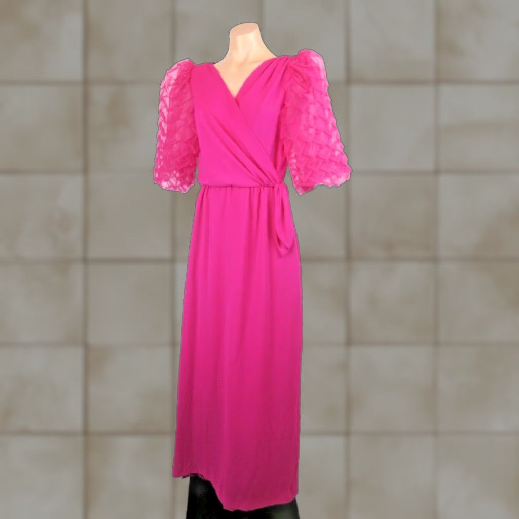 VTG Miss Elliette Pink Gown Prom Pageant Formal 1960s Ball Gown 12 Women  Pineapple Sleeve Chiffon V Neckline Back Slit Side Tie Sash Flowy  Eveningwear