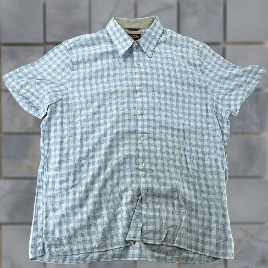 Vintage MICHAEL Michael Kors Shirt Mens XL Blue White Short Sleeve Button Gingham Plaid Size US XL / EU 56 / 4 - 1 Thumbnail