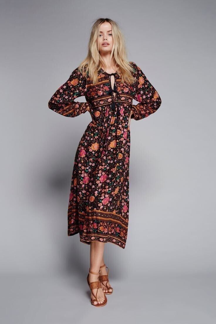 image of Spell Women’S Winter Garden Black Floral Midi Dress Small in Pink, Women's