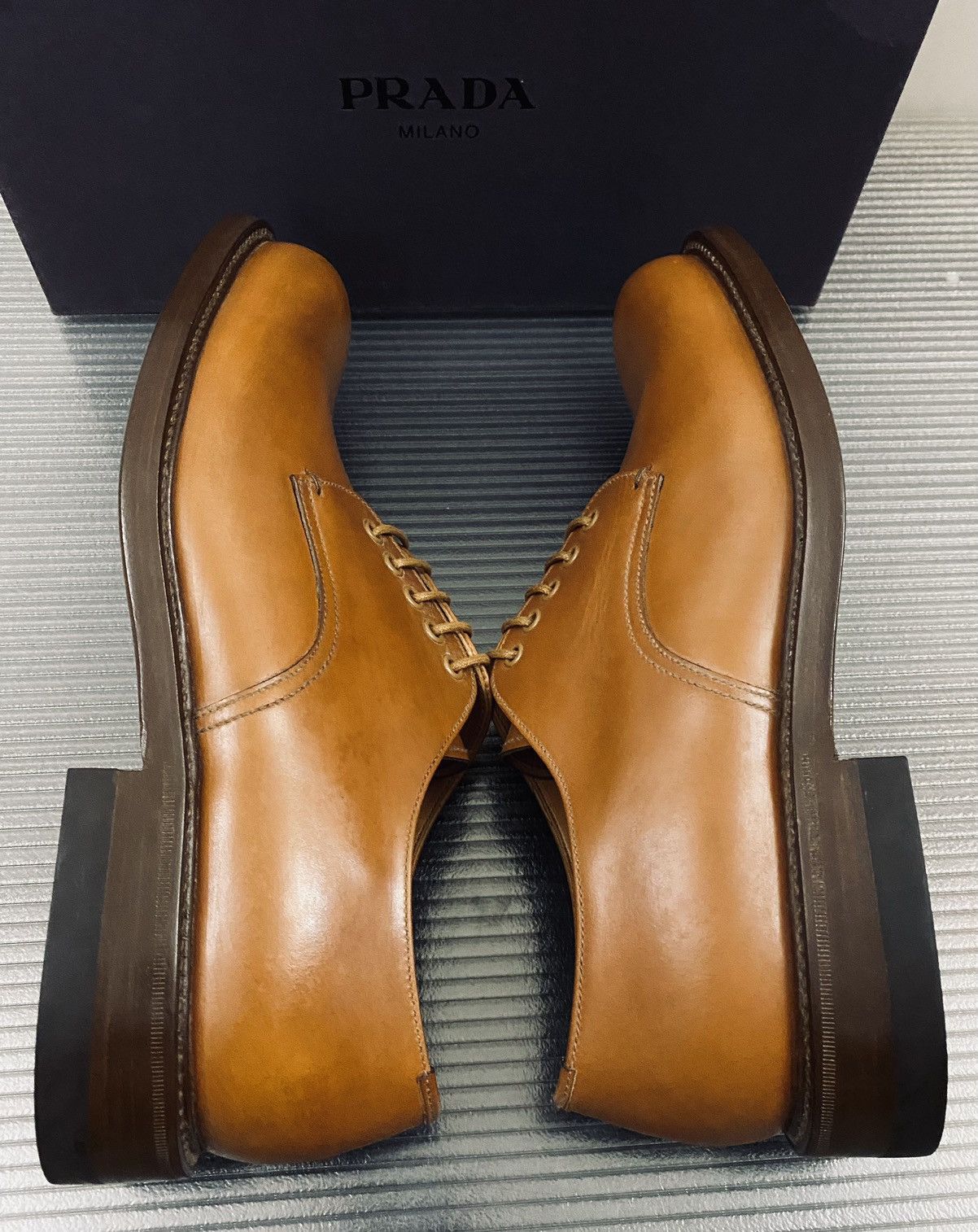 Prada Prada 🇮🇹 cognac cordovan leather triple sole derby 12 NEW Size US 12 / EU 45 - 5 Thumbnail