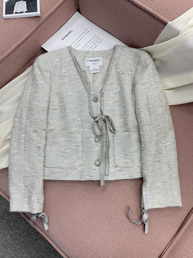 Chanel Gray Silver Thread Cardigan