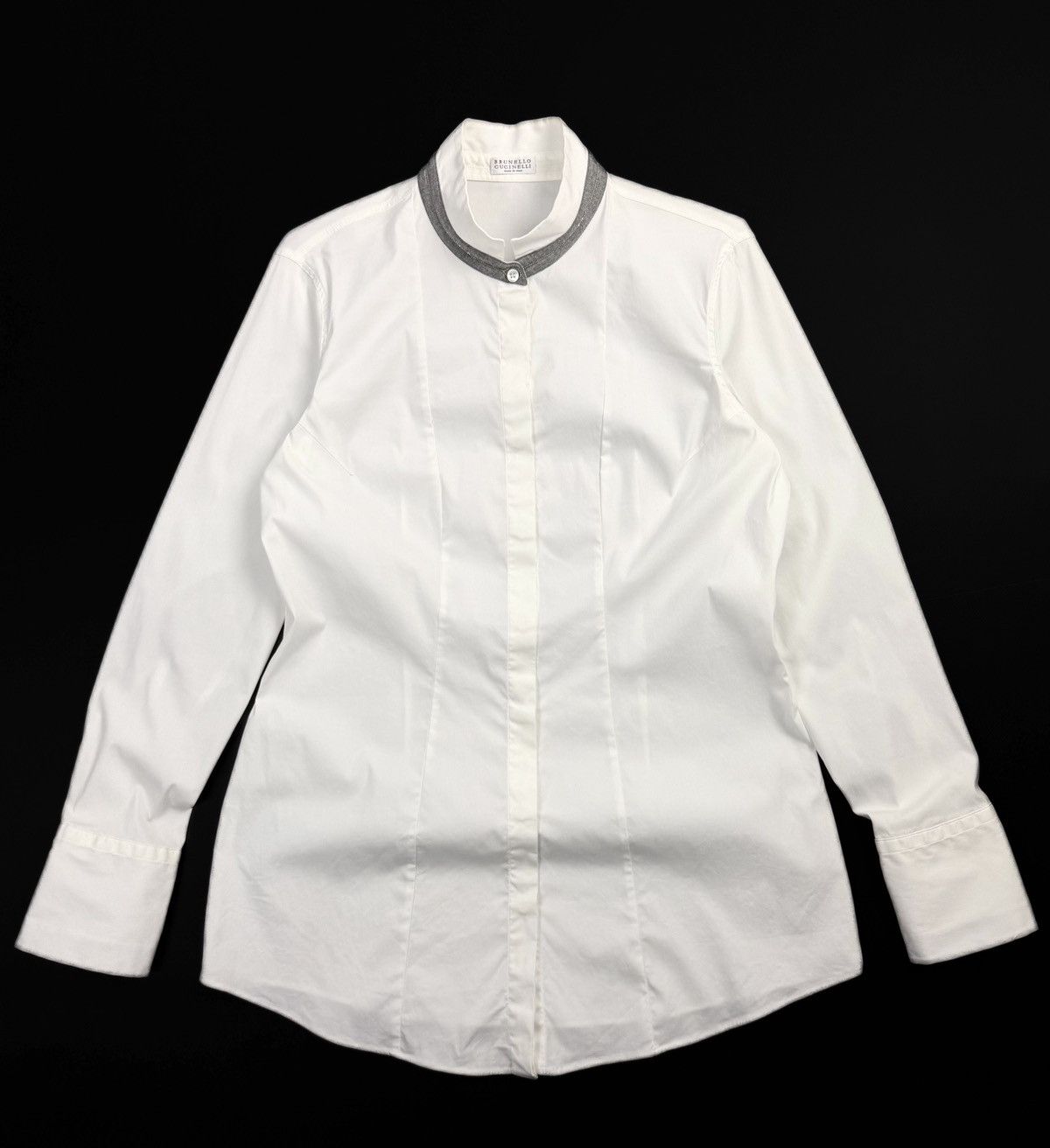 Brunello Cucinelli Brunello Cucinelli Womens White Cotton Blend Shirt Silk Trim Size XL / US 12-14 / IT 48-50 - 1 Thumbnail