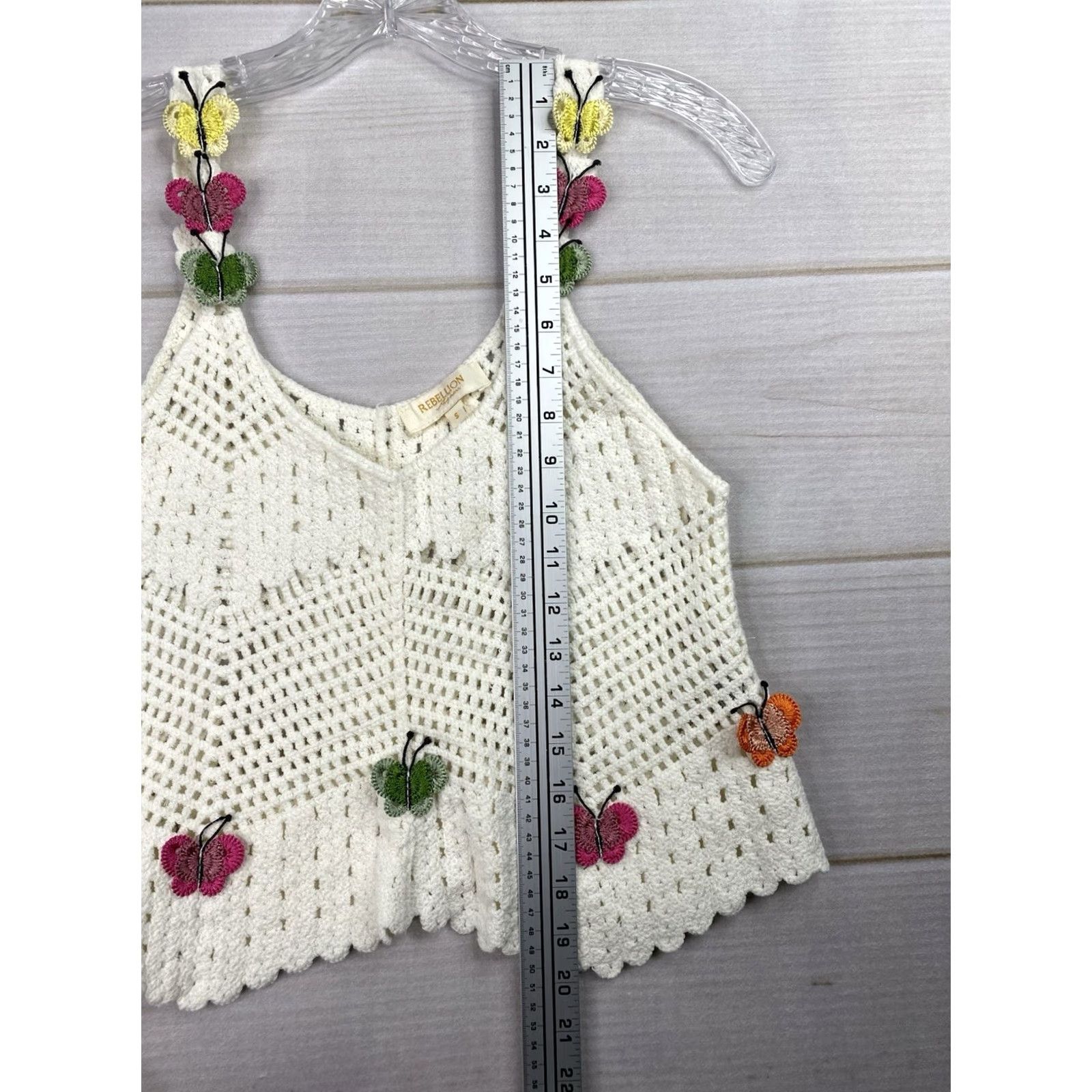 Vintage Rebellion Sleeveless Crochet Top S Beige Floral Butterfly Bohemian Camisole Shirt Womens Slim Open V-Neck Crochet Open Details 100% Cotton Size S / US 4 / IT 40 - 5 Thumbnail