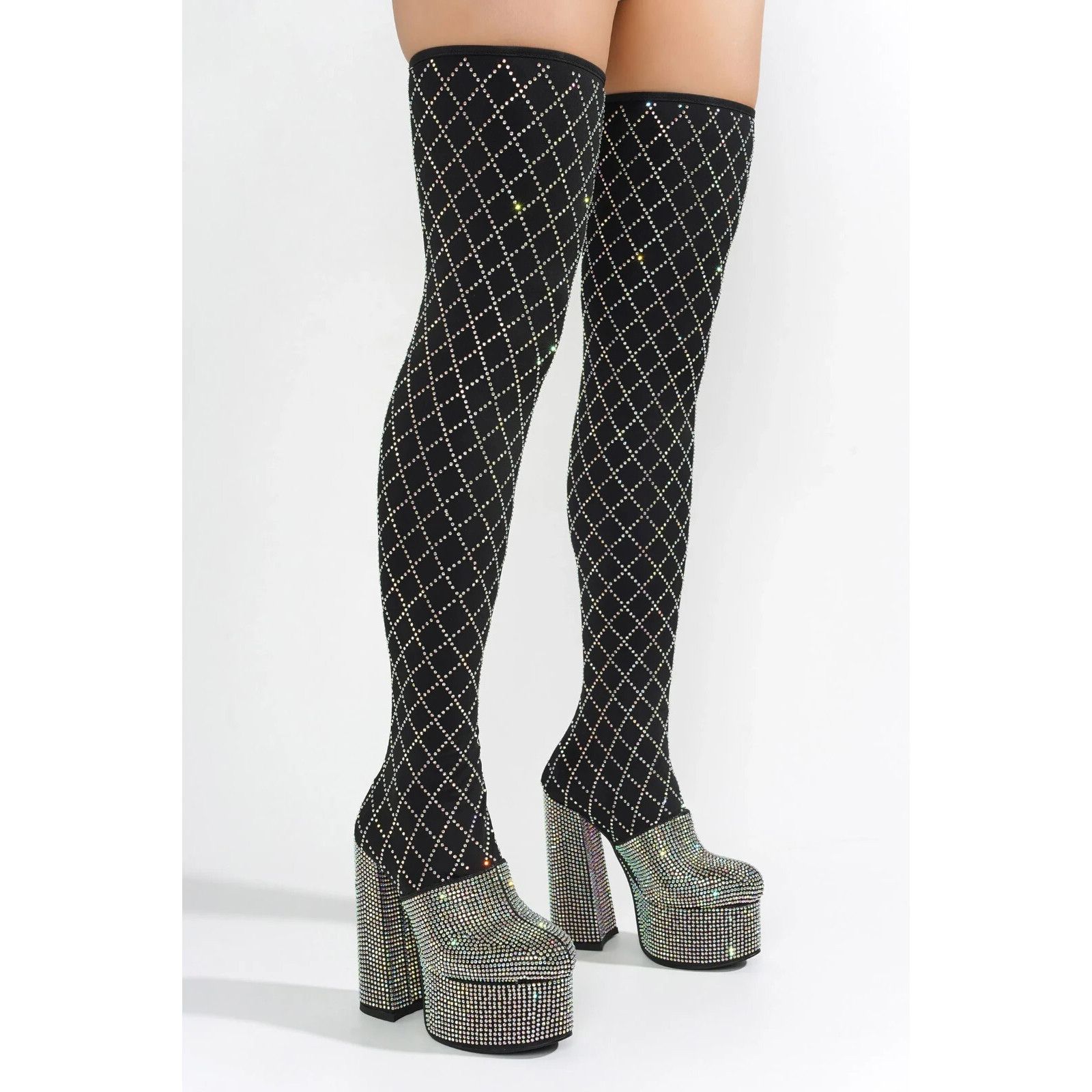 Other Diamonds Black Silver Rhinestone Stretch Thigh High Chunky H Size US 7.5 / IT 37.5 - 5 Thumbnail