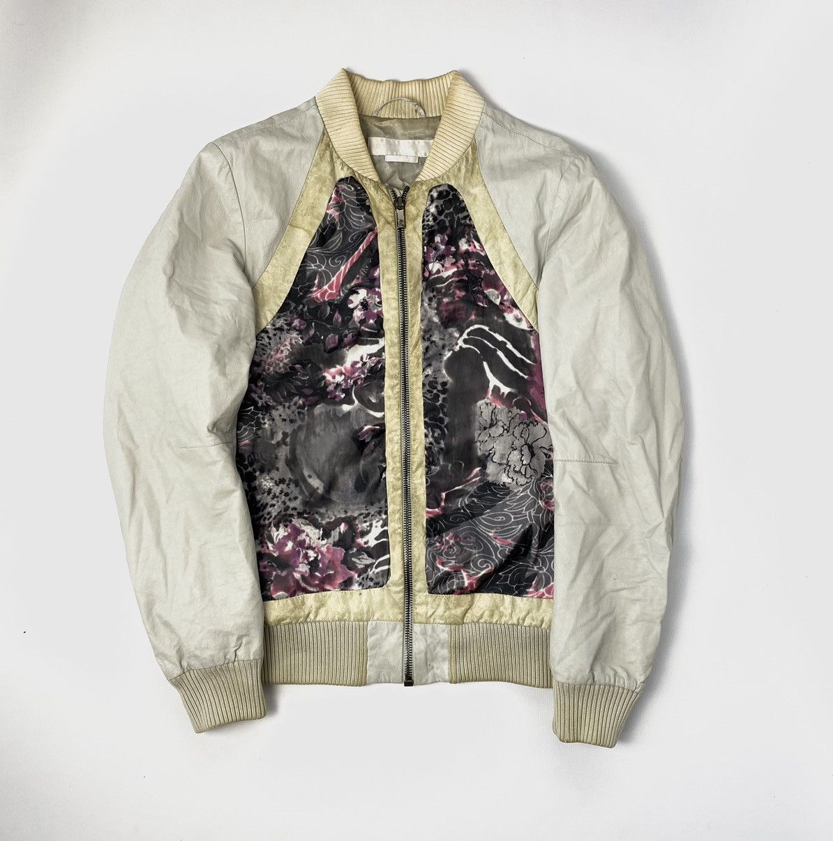 image of Alexander Mcqueen Flowers Leather Bomber Jacket in White, Men's (Size Medium)