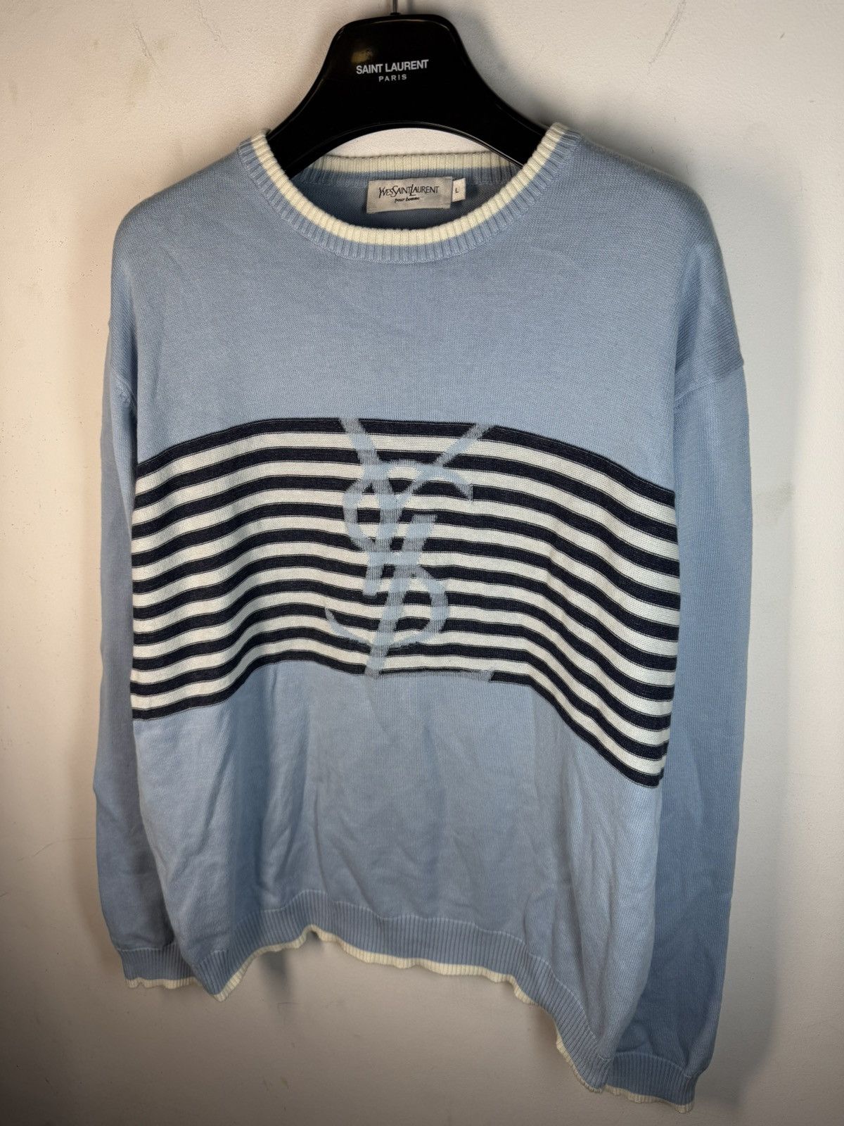 Yves Saint Laurent Blue YSL Sweater Knit Light Big Logo Size US L / EU 52-54 / 3 - 16 Thumbnail