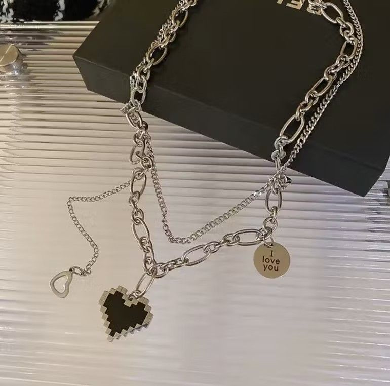 Japanese Brand Unisex double layer long chain pixel heart couples pendant Size ONE SIZE - 2 Thumbnail