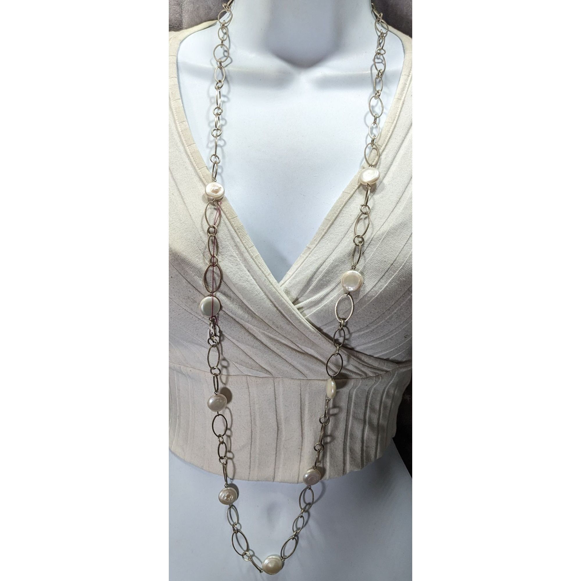 Other Vintage Handmade Pearl Station Necklace On Oval Link Chain Size ONE SIZE - 2 Thumbnail
