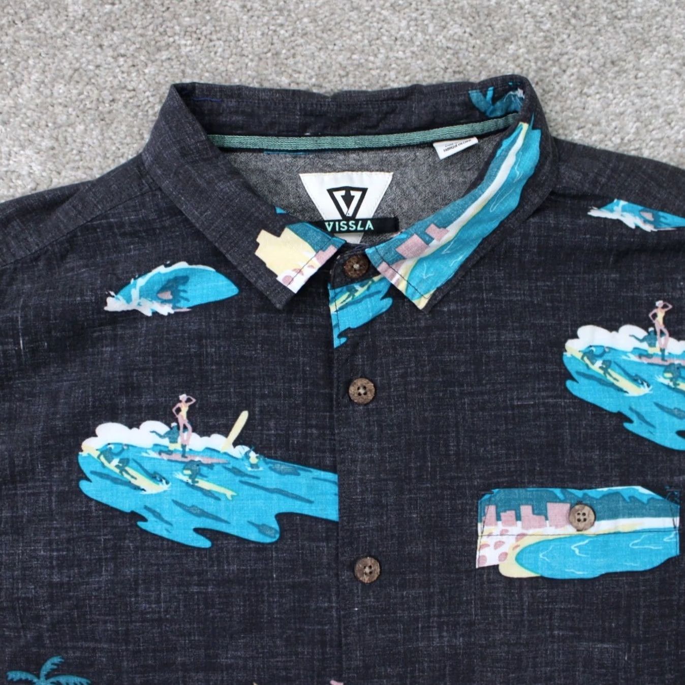 Vissla Vissla Shirt Mens XL Black/Blue Beach Print Cotton/Viscose S/S Button Shirt Size US XL / EU 56 / 4 - 5 Thumbnail