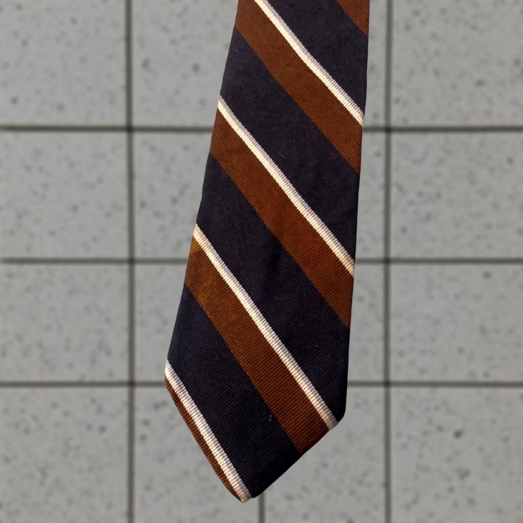 Vintage VINTAGE Pauline Trigère Silk Repp Tie Striped Navy Brown White 60" 3.2" Tie Mens 70s Designer Capstone Capsule Neckwear Size ONE SIZE - 1 Thumbnail