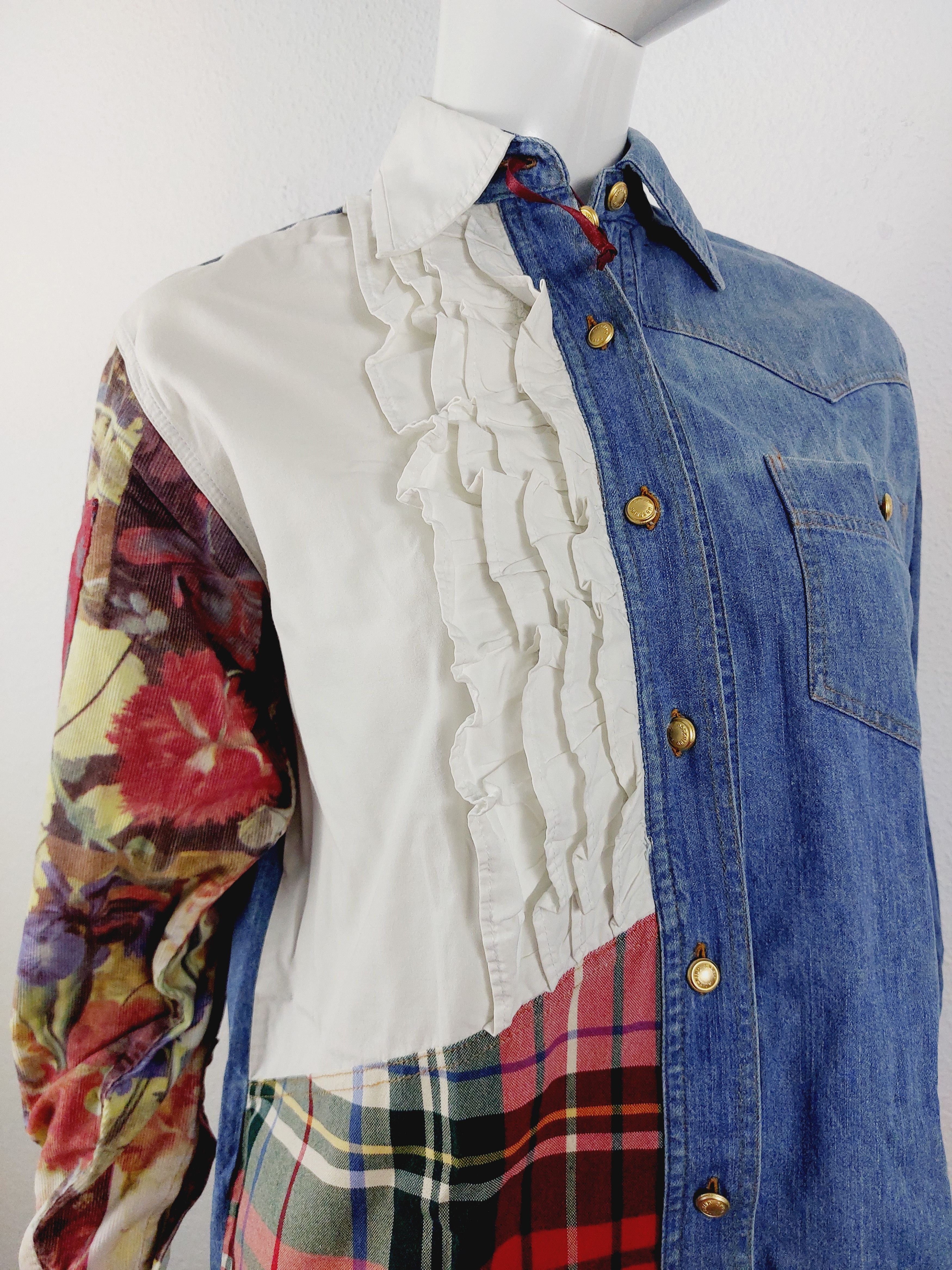 Moschino Moschino Jeans Patchwork Jeans Denim Ruffled Tartan Shirt Size US XS / EU 42 / 0 - 11 Thumbnail
