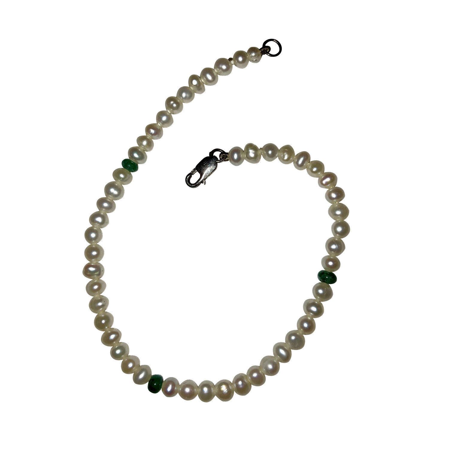 Designer Cultured Pearl and Green Emerald Bead Necklace Bracelet Set Size ONE SIZE - 3 Thumbnail