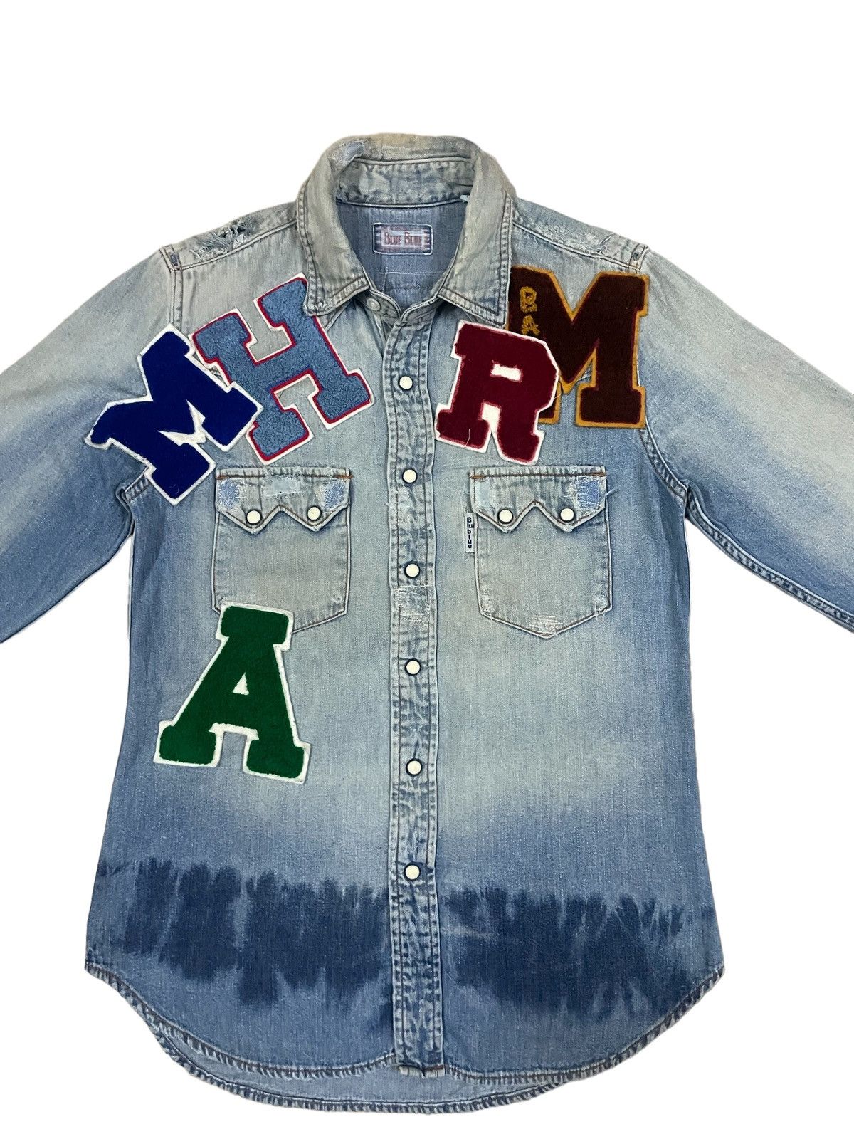 Blue Blue Japan BlueBlue Japan Crazy Indigo Wash Letterman Patch Denim Shirt Size US S / EU 44-46 / 1 - 2 Thumbnail