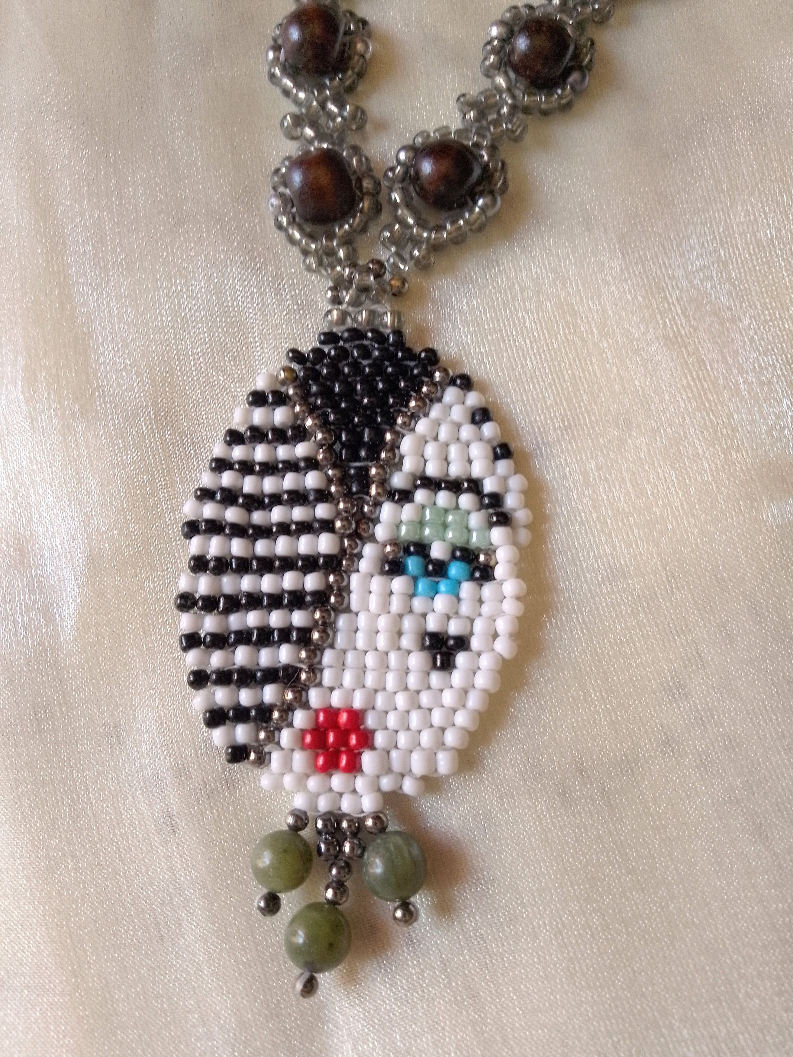 Handmade Boho necklace in wood pendant with natural jade gemstones Size ONE SIZE - 4 Thumbnail