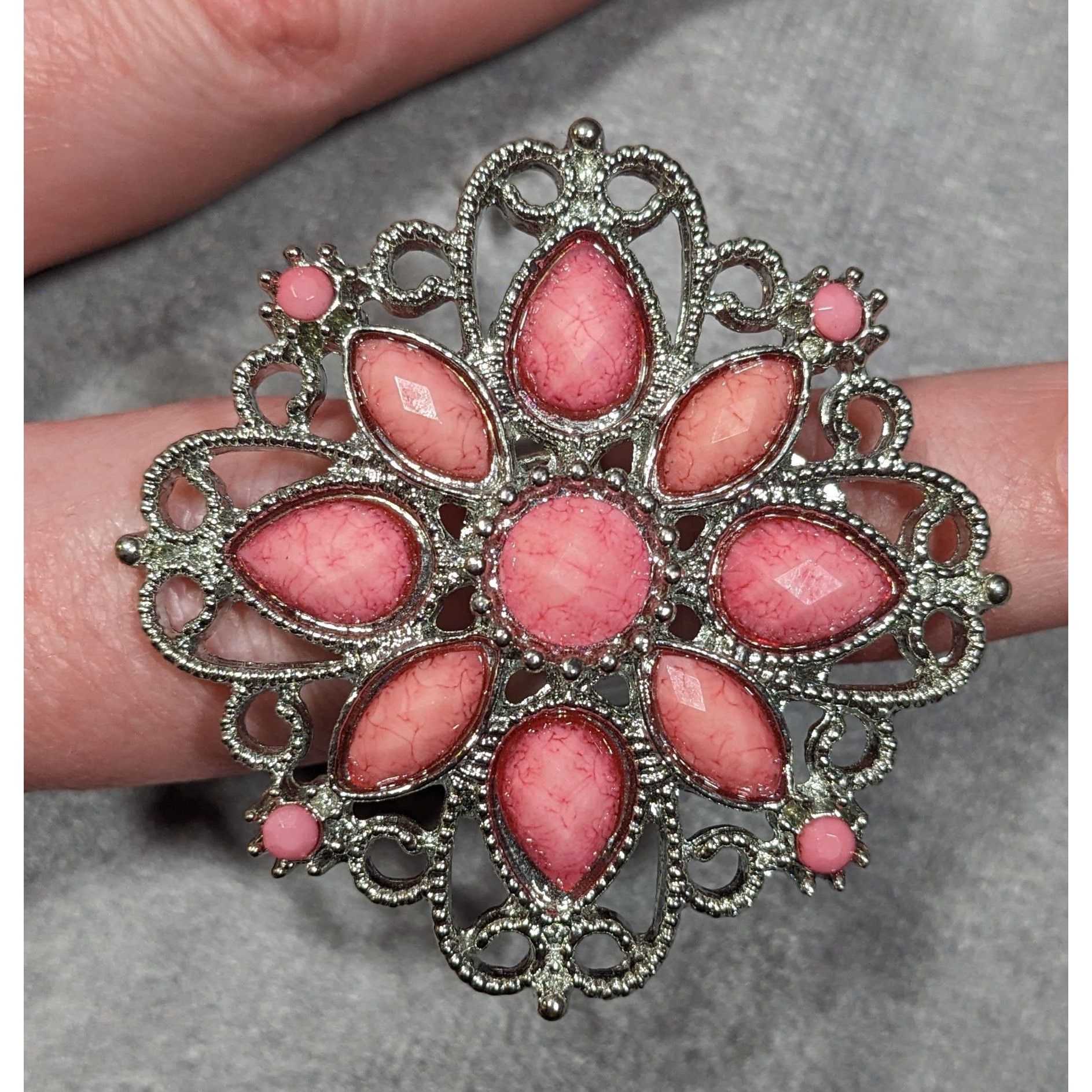 Other Fairycore Floral Ring Silver Tone With Pink Stones Statement Size ONE SIZE - 9 Thumbnail