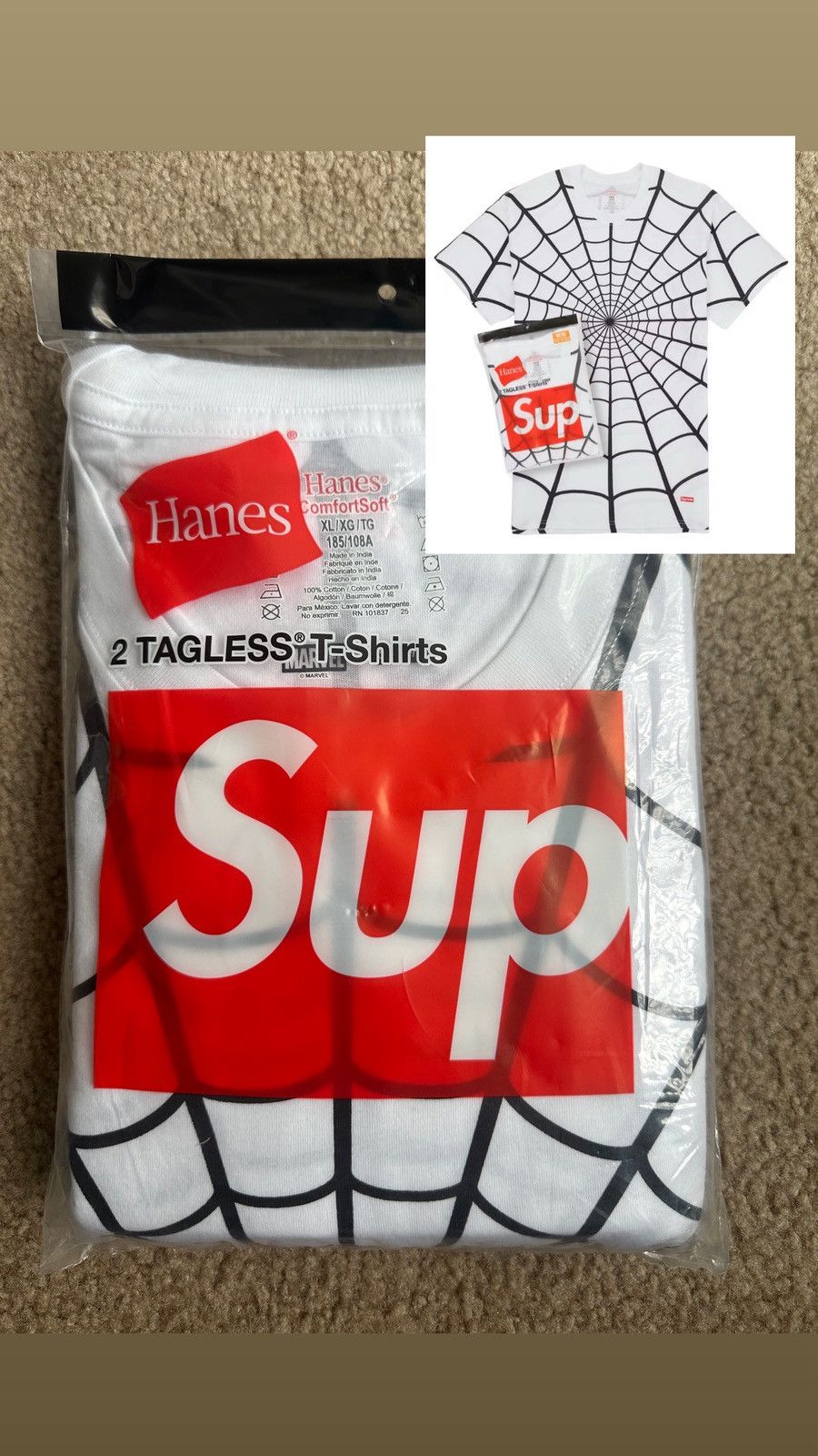 Supreme (NEW) SupremeHanesSpider-ManTaglessTees(2Pack)(SizeXL,White) Size US XL / EU 56 / 4 - 1 Thumbnail