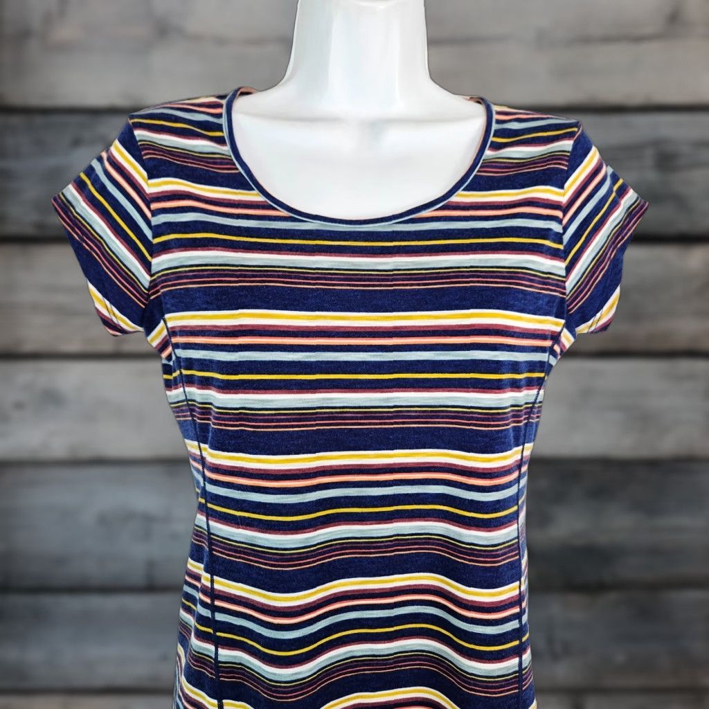 Vintage Title Nine Womens Tee XS Blue Yellow Stripe Short Sleeve Shirt Size 26" / US 2 / IT 38 - 1 Thumbnail